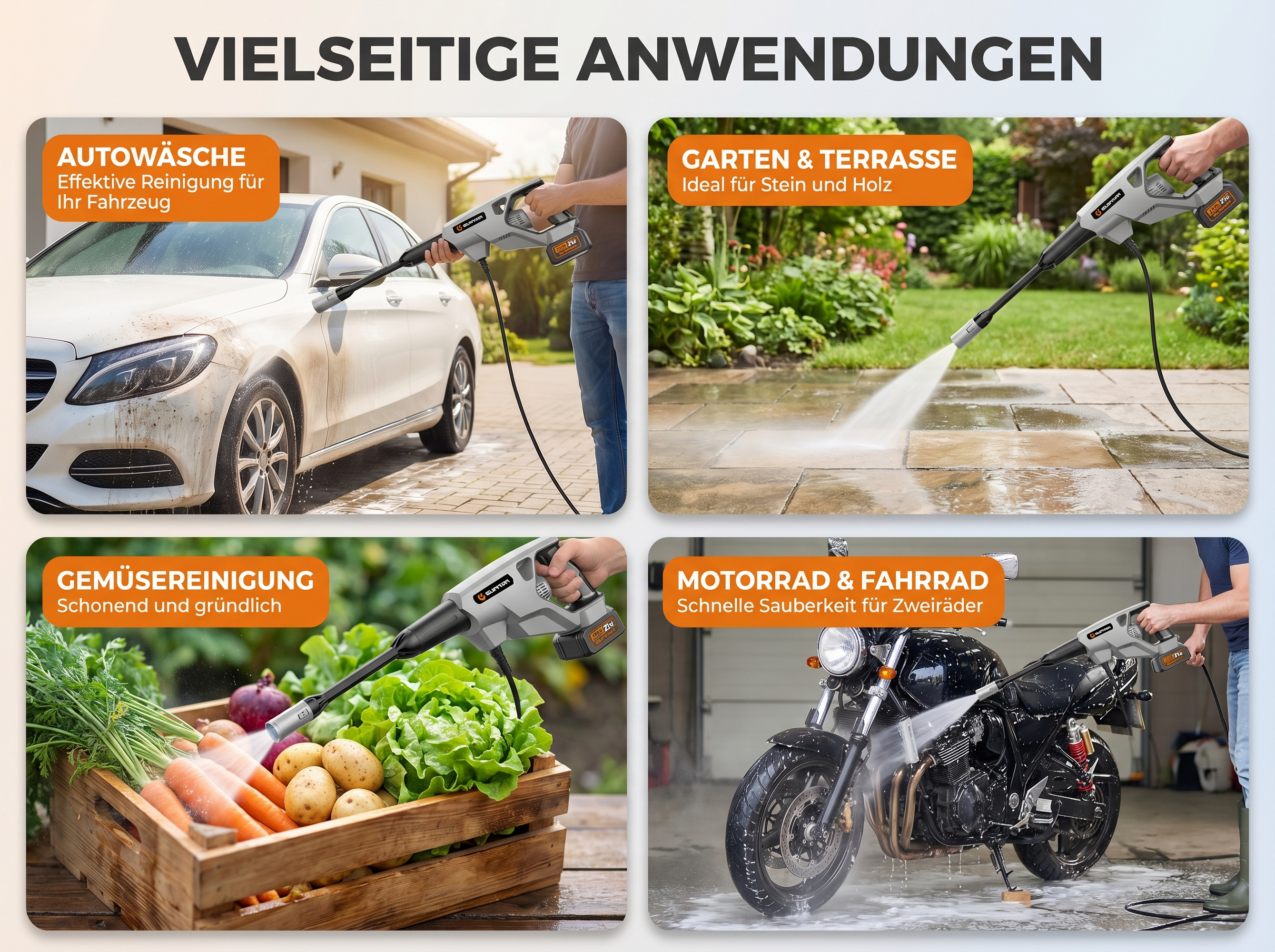 Vier Szenen: Auto, Terrasse, Gemüse und Motorradreinigung mit Hochdruckreiniger.