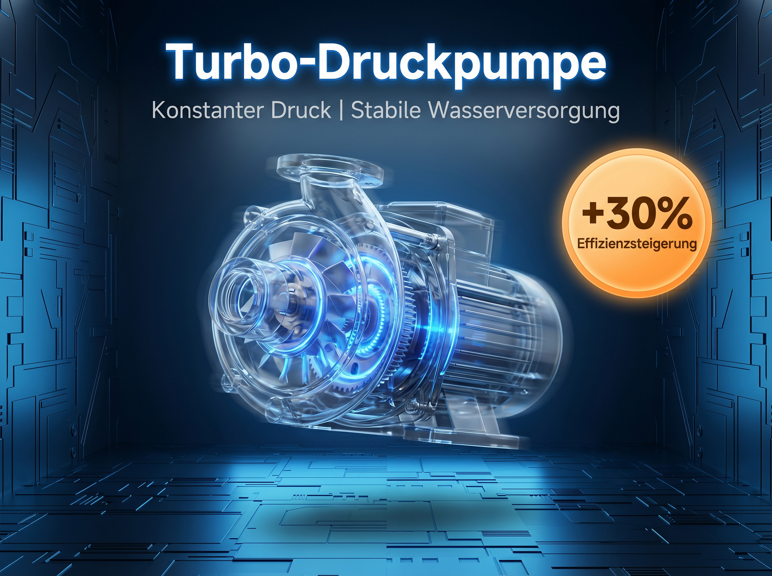 Eine transparente Turbo-Druckpumpe mit leuchtend blauen Akzenten auf dunklem Hintergrund.