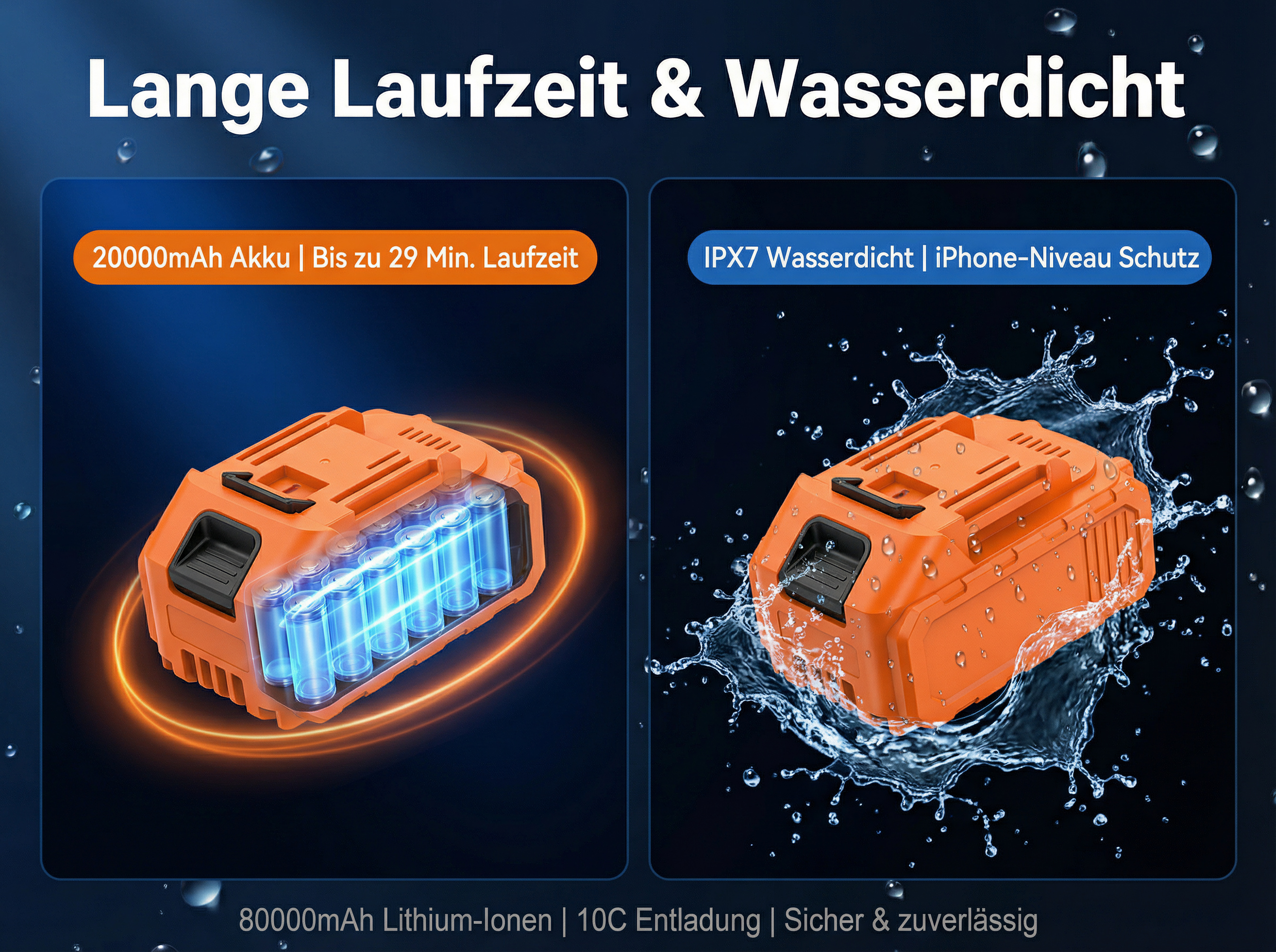Zwei orangefarbene Akkus: einer mit sichtbaren Batterien, der andere spritzt Wasser.