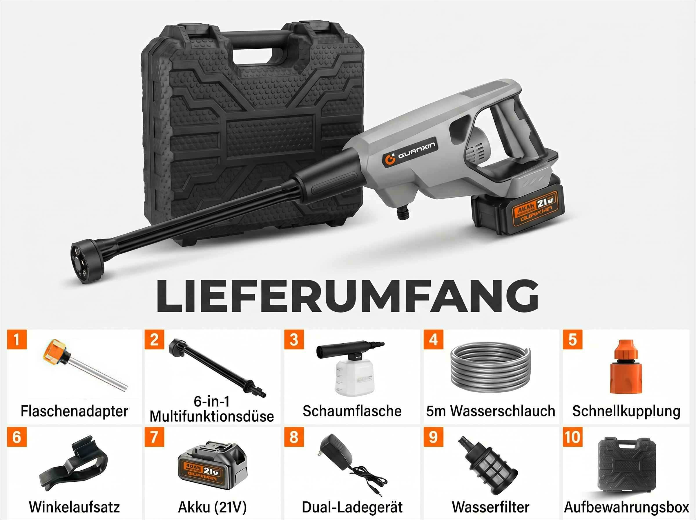Lieferumfang: Akku-Hochdruckreiniger mit Zubehör, darunter Flaschenadapter, Düse, Schaumflasche, Schlauch, Ladegerät und Koffer.