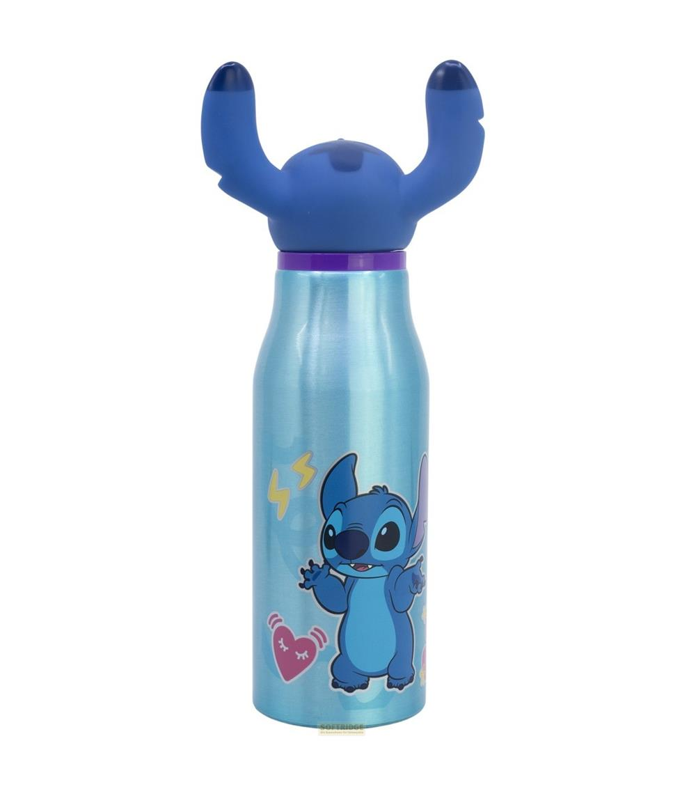 Blaue Wasserflasche mit Stitch-Motiv und lila Rand.