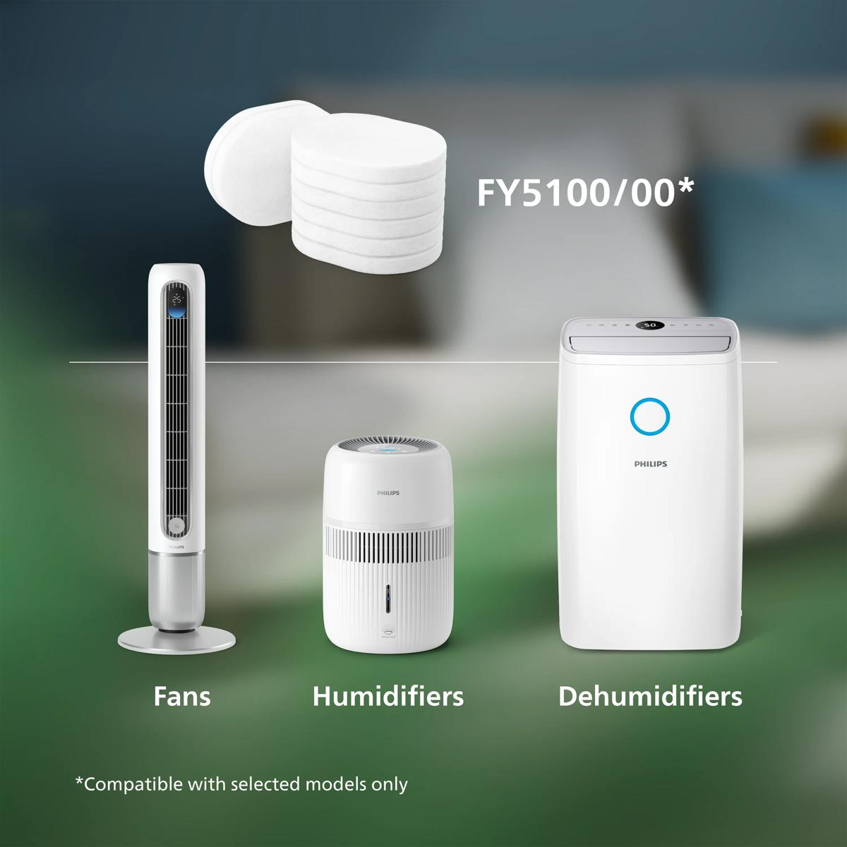 Filtreli beyaz Philips vantilatörler, nemlendiriciler ve nem alma cihazları.