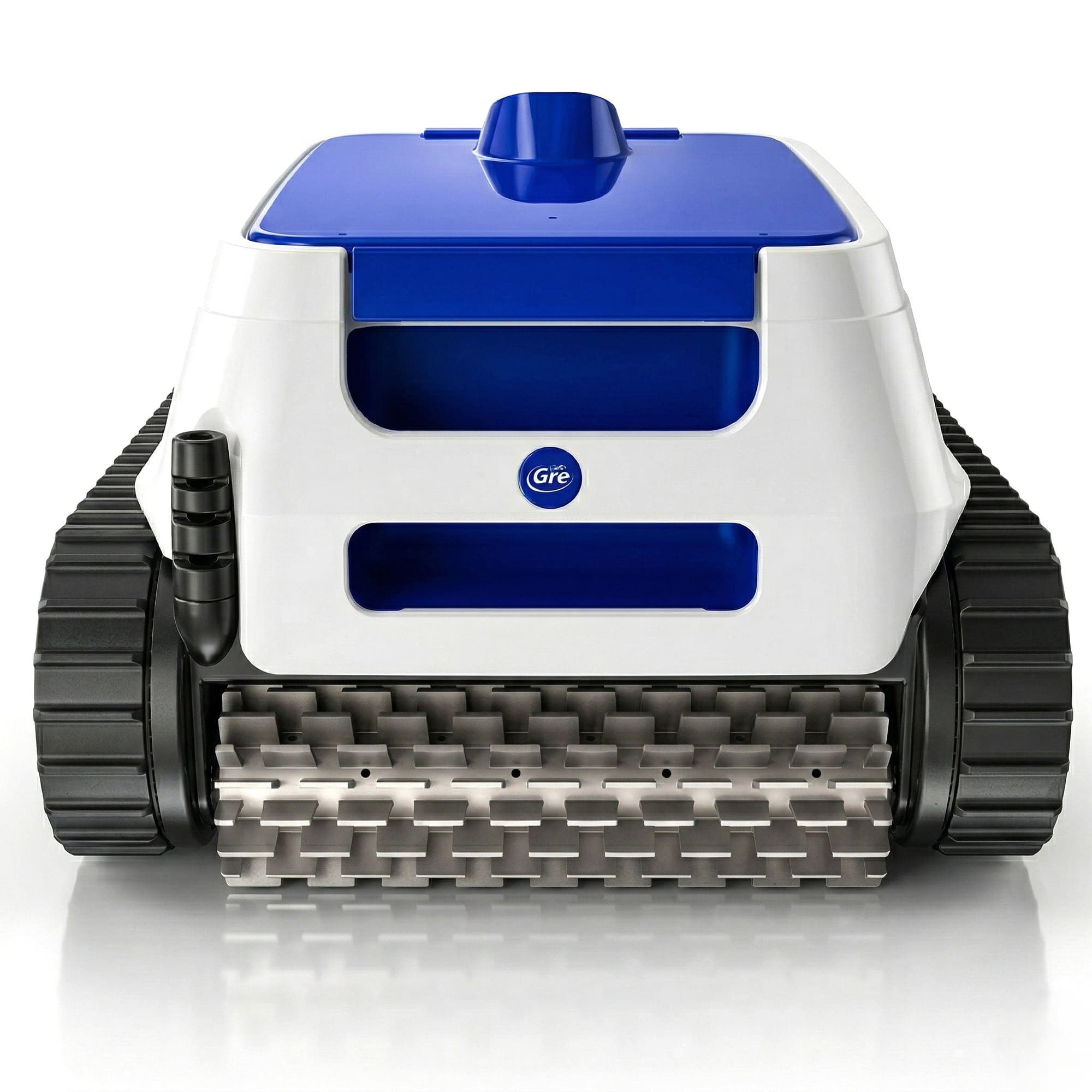 Un robot de piscina blanco y azul con orugas y cepillos.