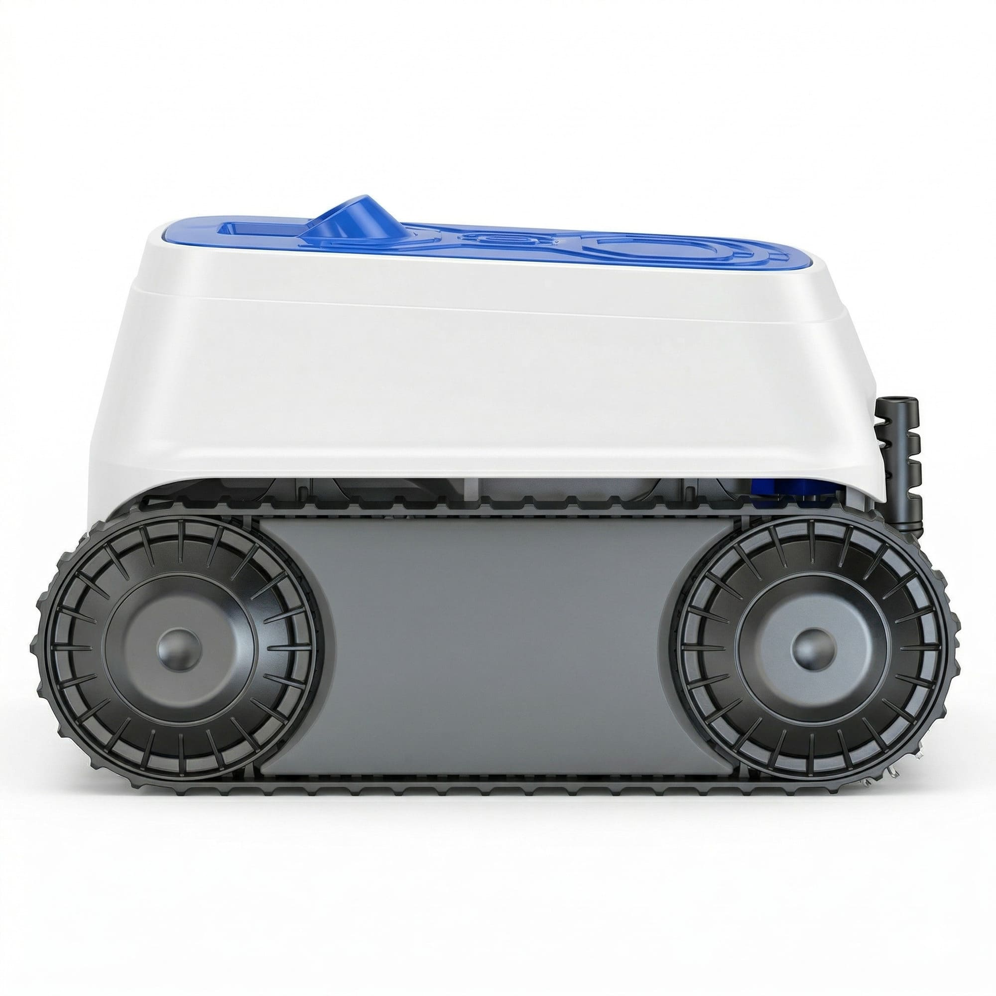 Un robot blanco con tapa azul y orugas sobre fondo blanco.