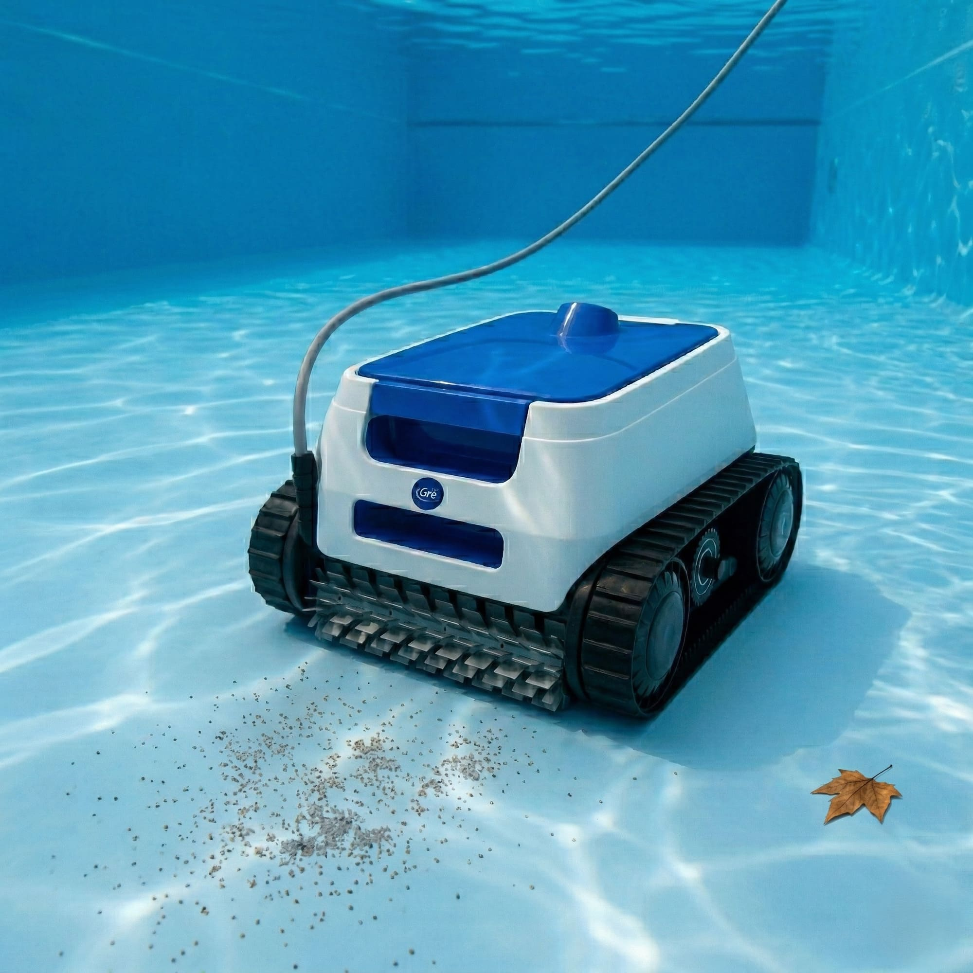 Un limpiafondos aspira escombros del fondo de la piscina. Una hoja yace cerca.