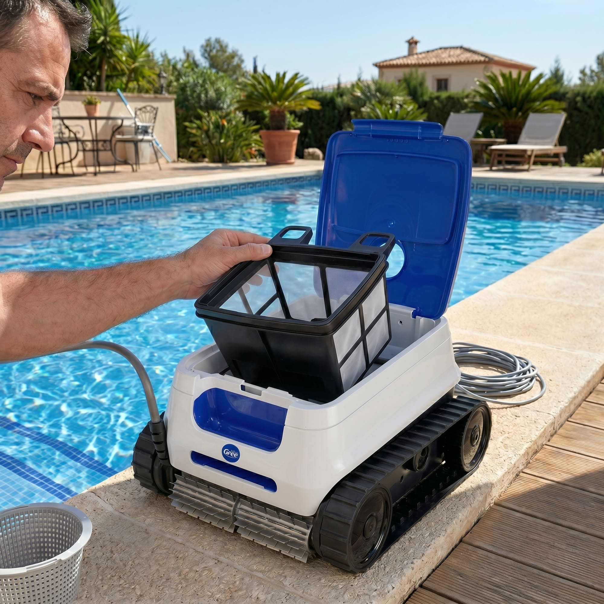 Hombre saca filtro de limpiador de piscina en borde. Casa y palmeras al fondo.