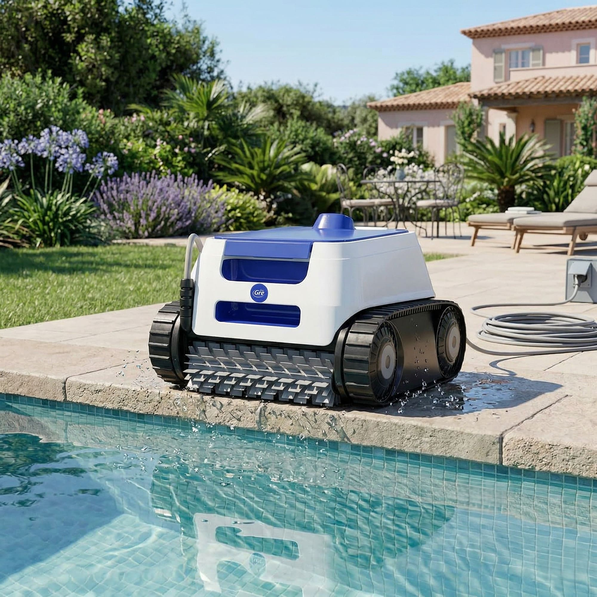 Un robot limpiafondos blanco y azul con orugas está en el borde de la piscina.