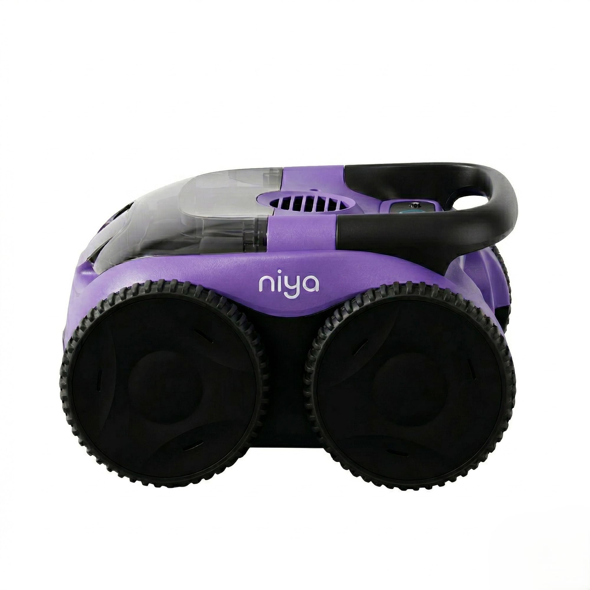 Un limpiador de piscina morado con ruedas negras grandes y el nombre "niya".