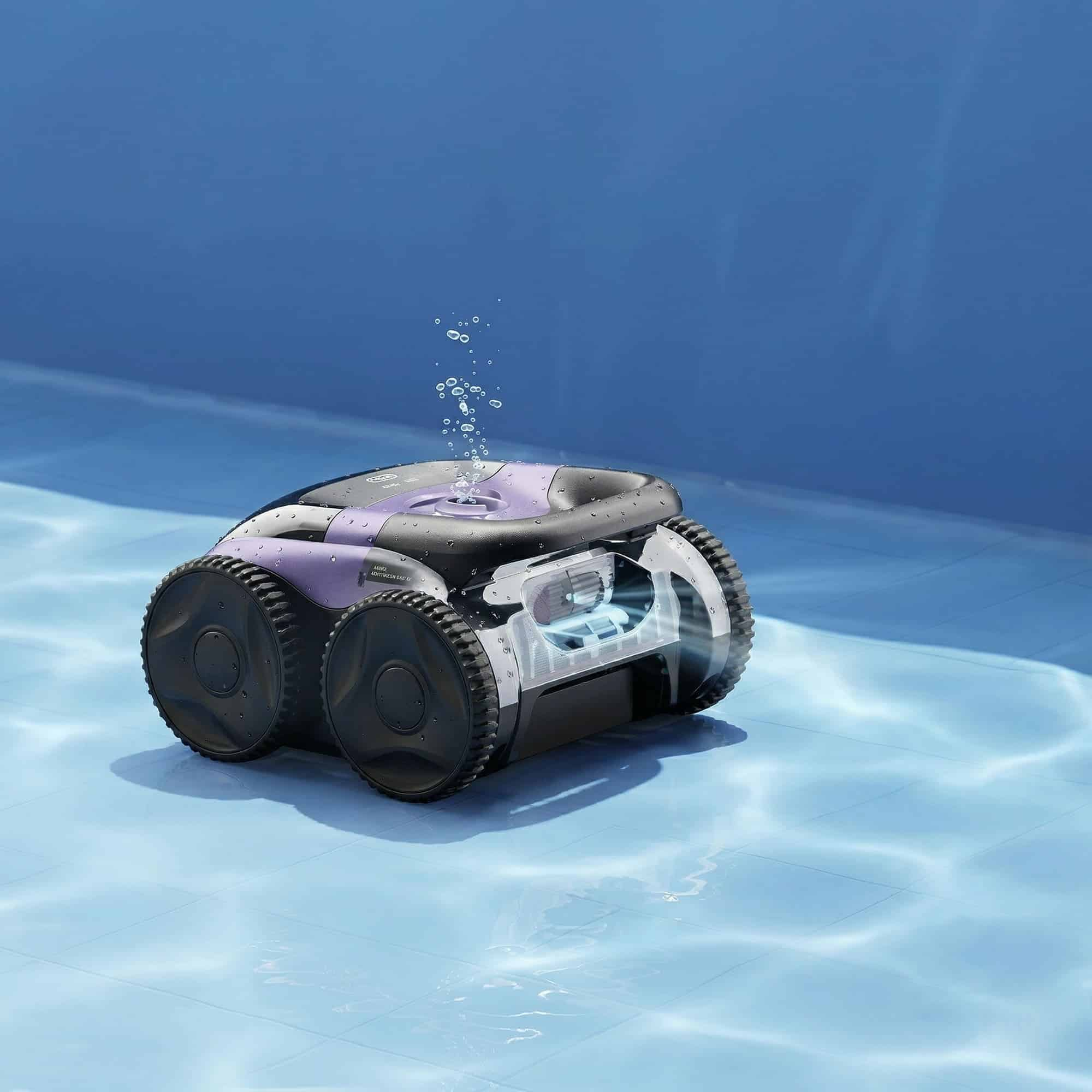 Un robot de piscina morado con ruedas negras flota en agua azul, con burbujas ascendiendo.