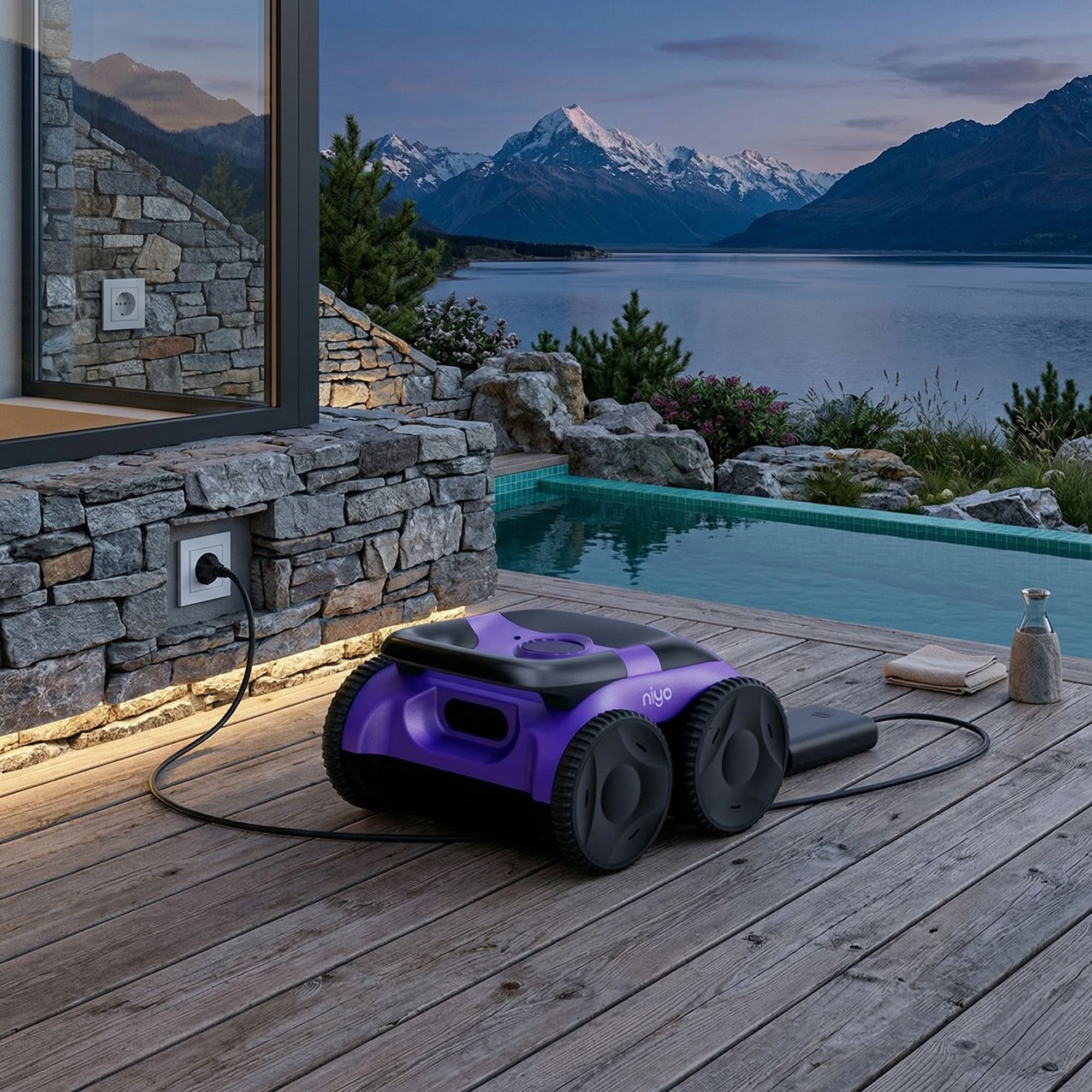 Un robot limpiafondos morado está sobre una terraza de madera junto a una piscina, con montañas al fondo.