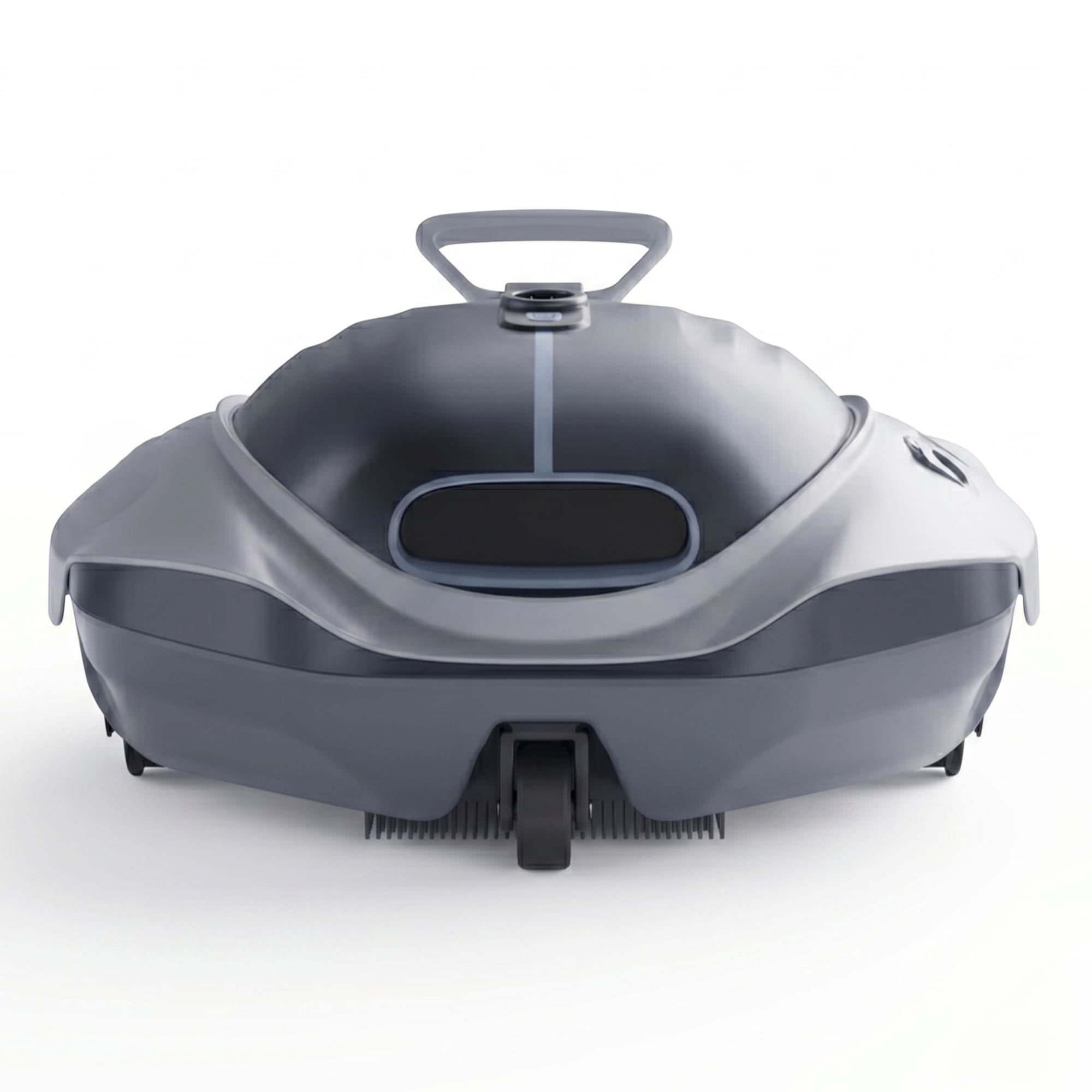 Robot de piscina gris con asa y cepillos en la parte inferior.