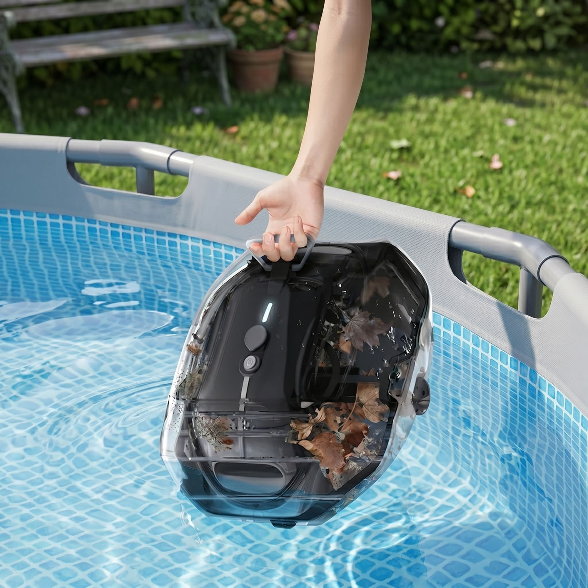 Un limpiador de piscina negro con hojas se levanta de una piscina azul.