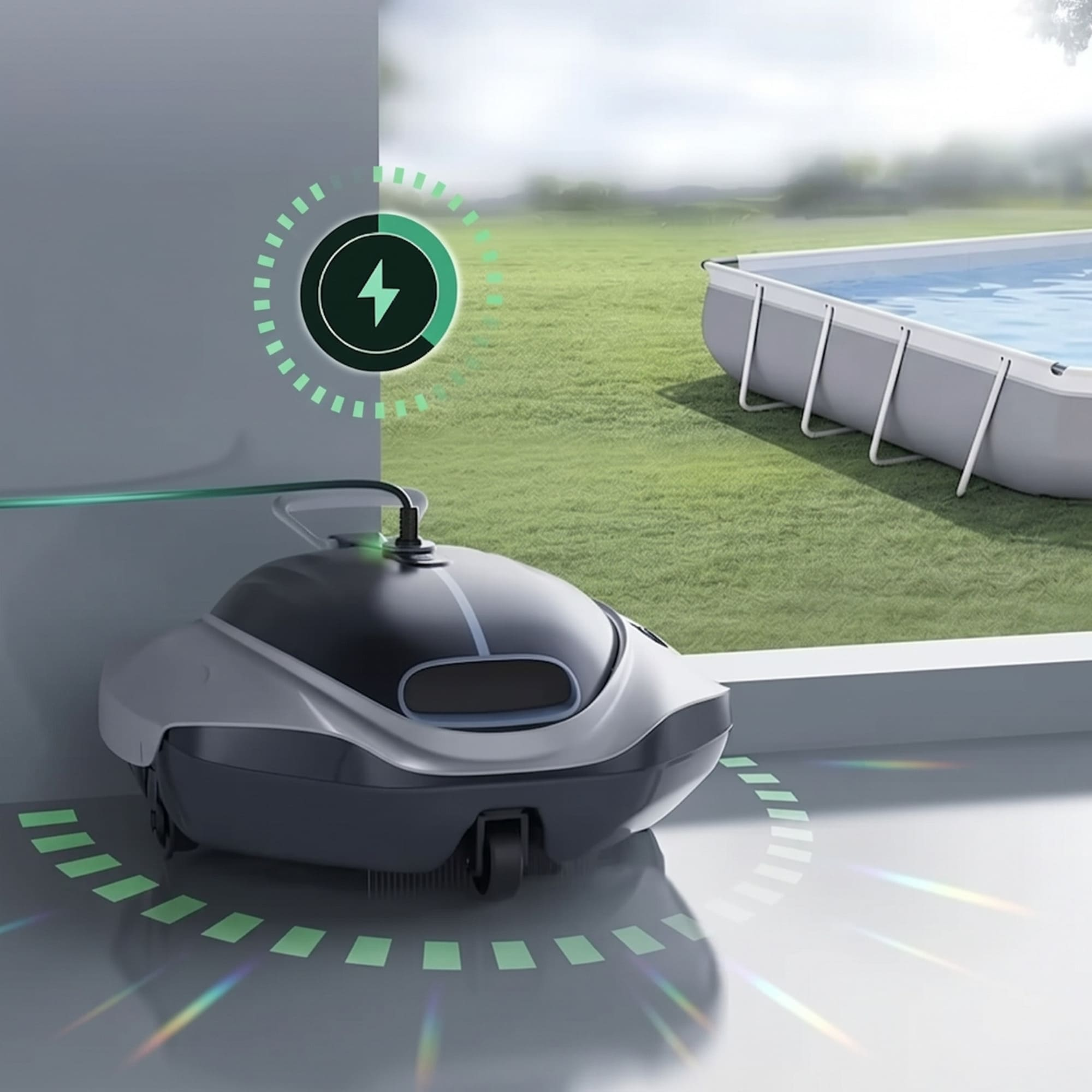 Un robot limpiador de piscinas se carga junto a una piscina portátil en un césped.