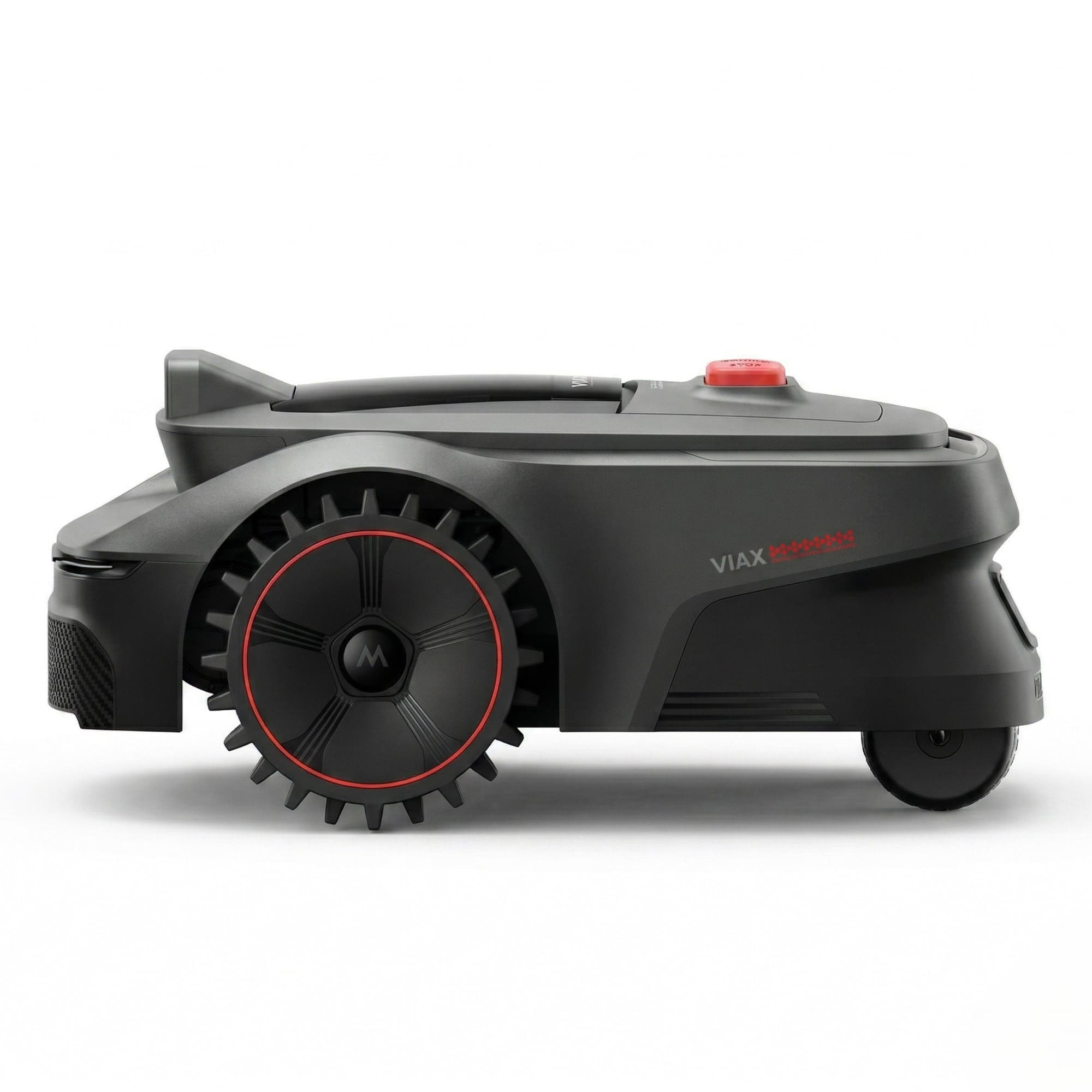 Un robot cortacésped negro con ruedas grandes y un botón rojo.