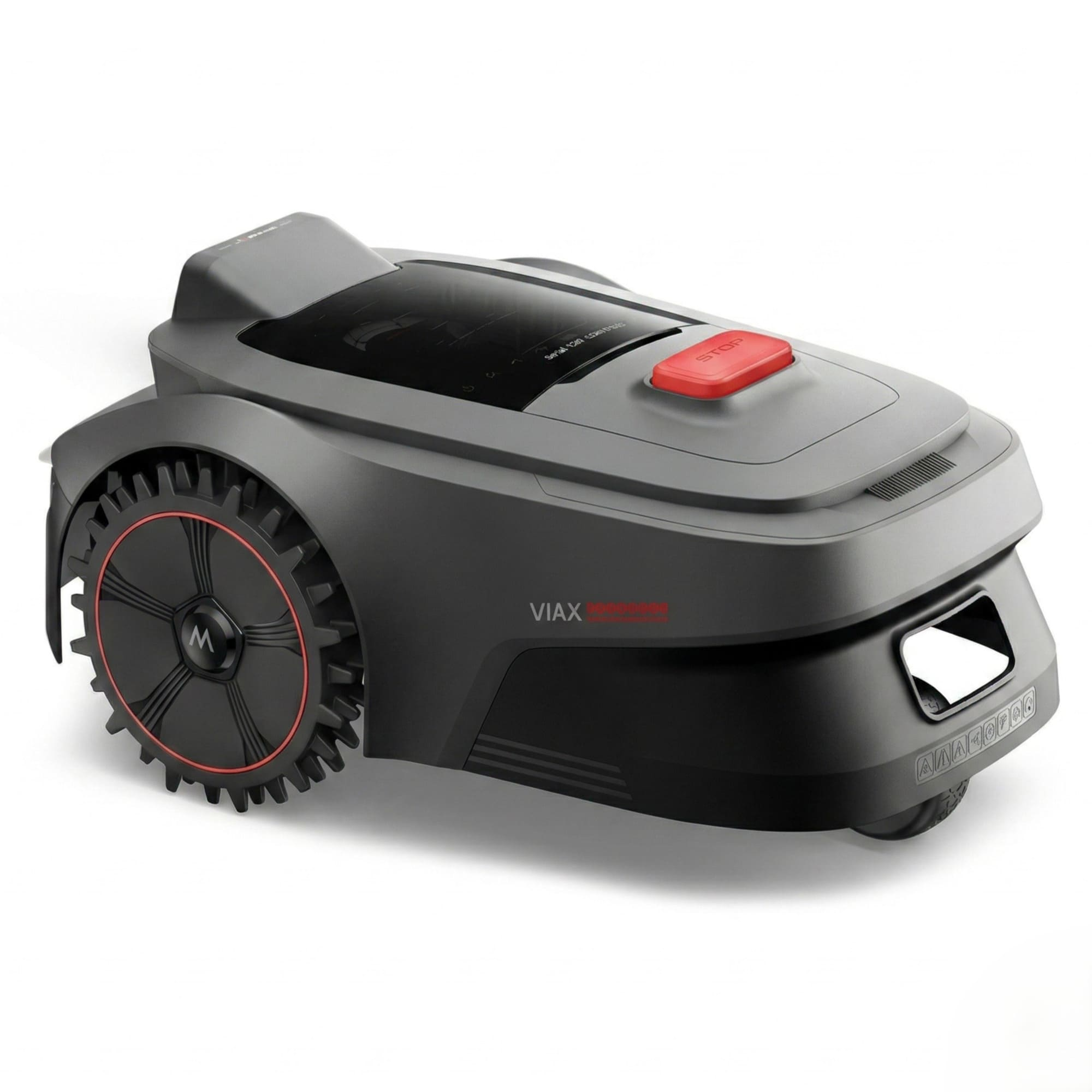 Un robot cortacésped gris con un botón rojo de parada en su carcasa.