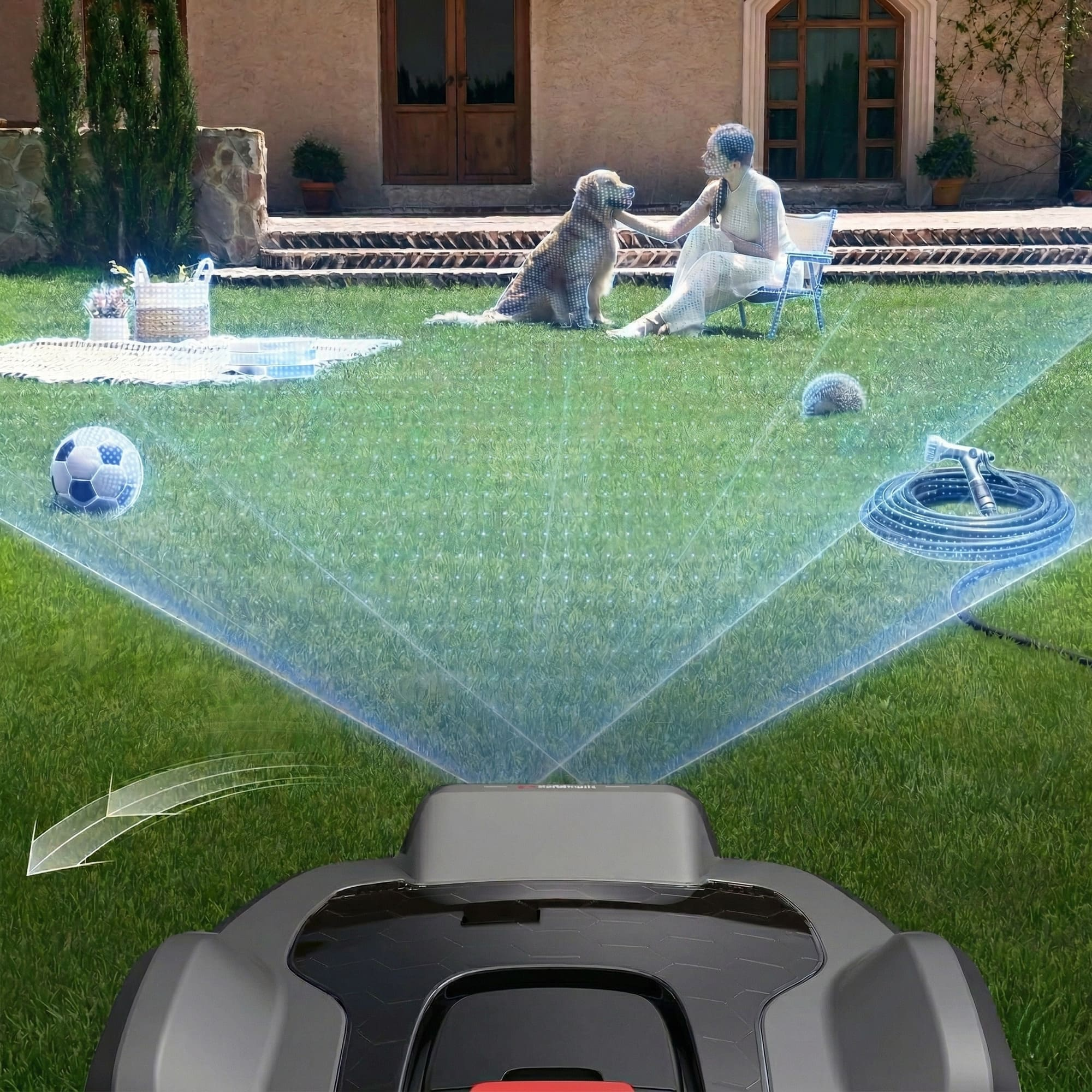 Un robot cortacésped opera en un césped frente a una casa, con un perro y una persona.