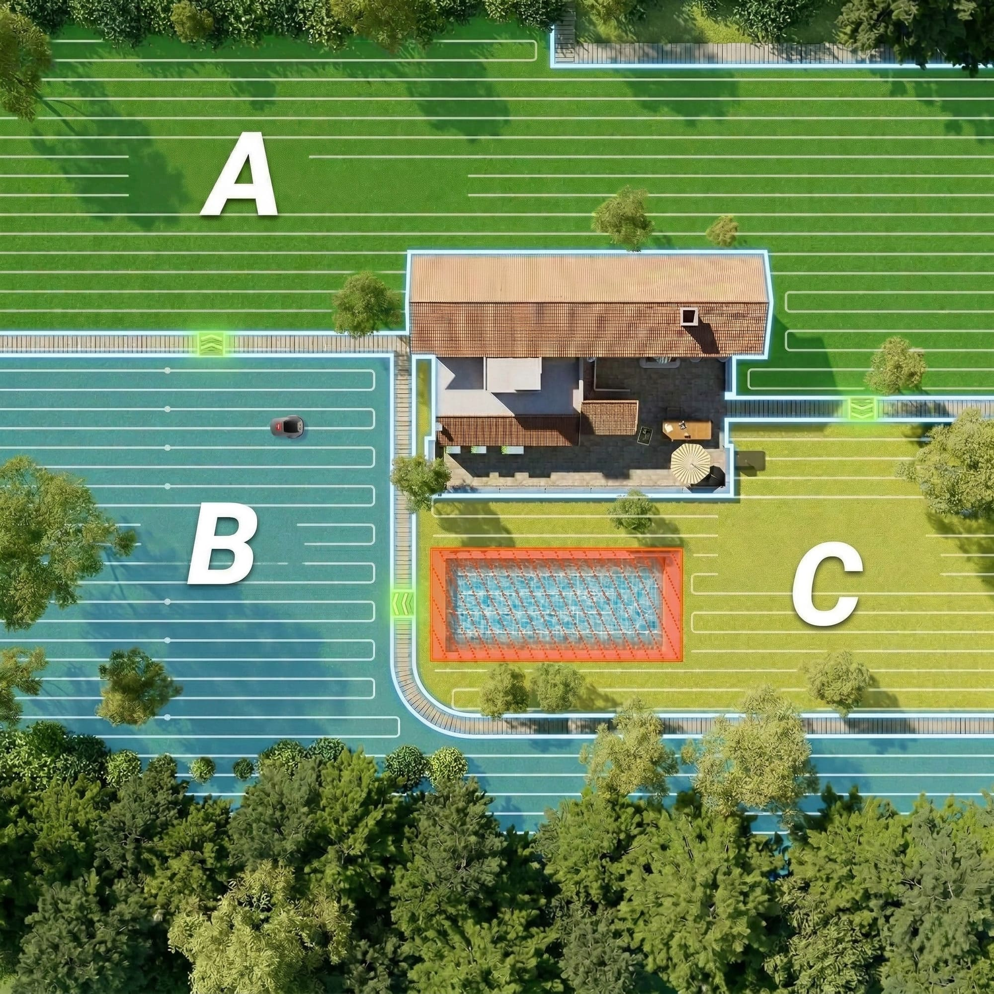 Vista aérea de una casa con piscina, césped (A, B, C) y bosque.