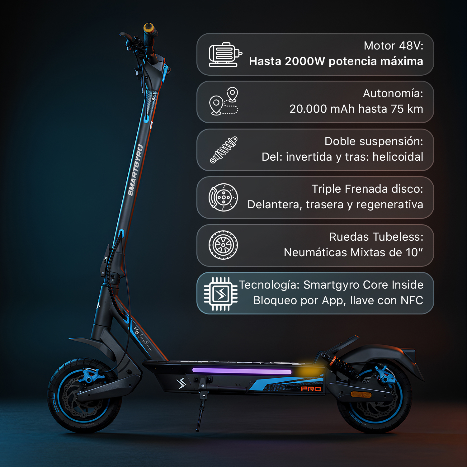 Patinete eléctrico negro con detalles azules y especificaciones técnicas.