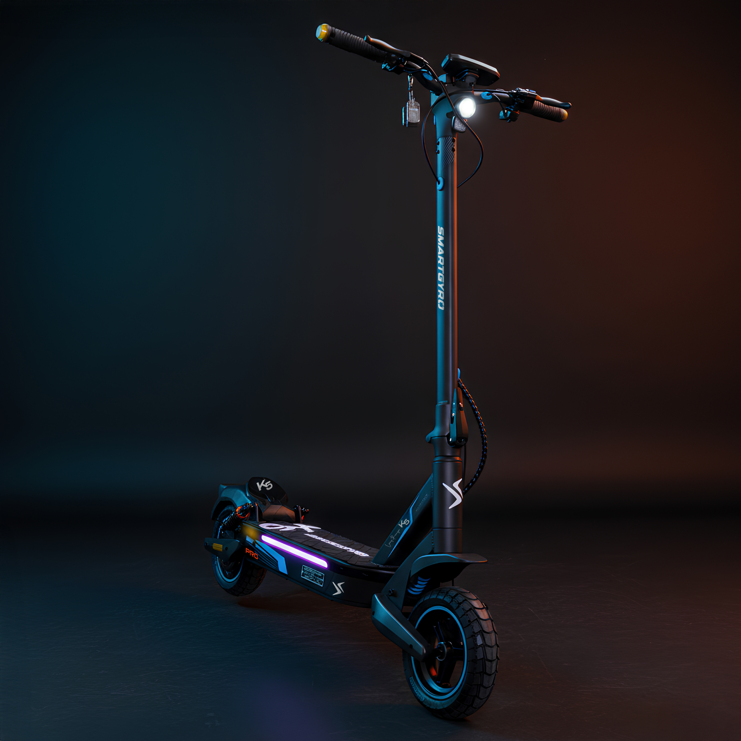 Patinete eléctrico negro con luces y neumáticos anchos, sobre fondo oscuro.