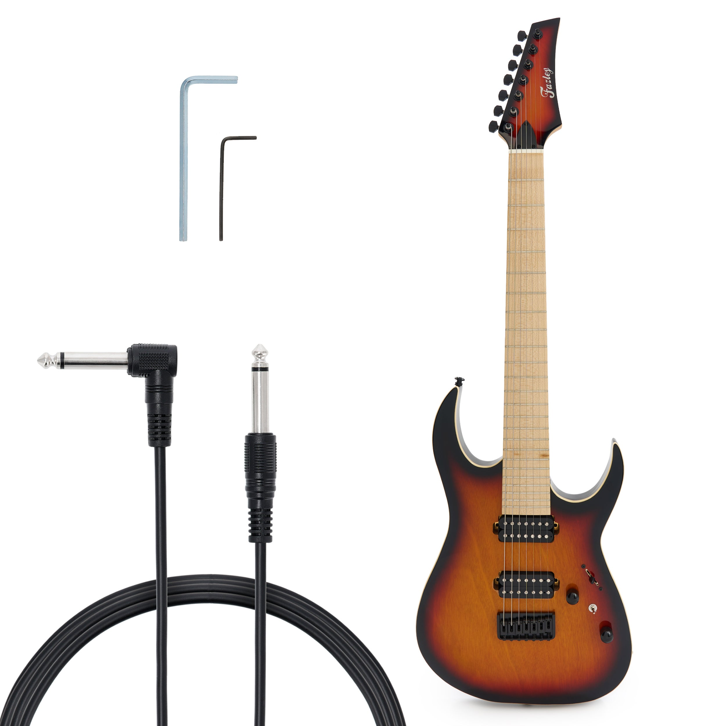 Elektrische gitaar met kabels en gereedschap op witte achtergrond.