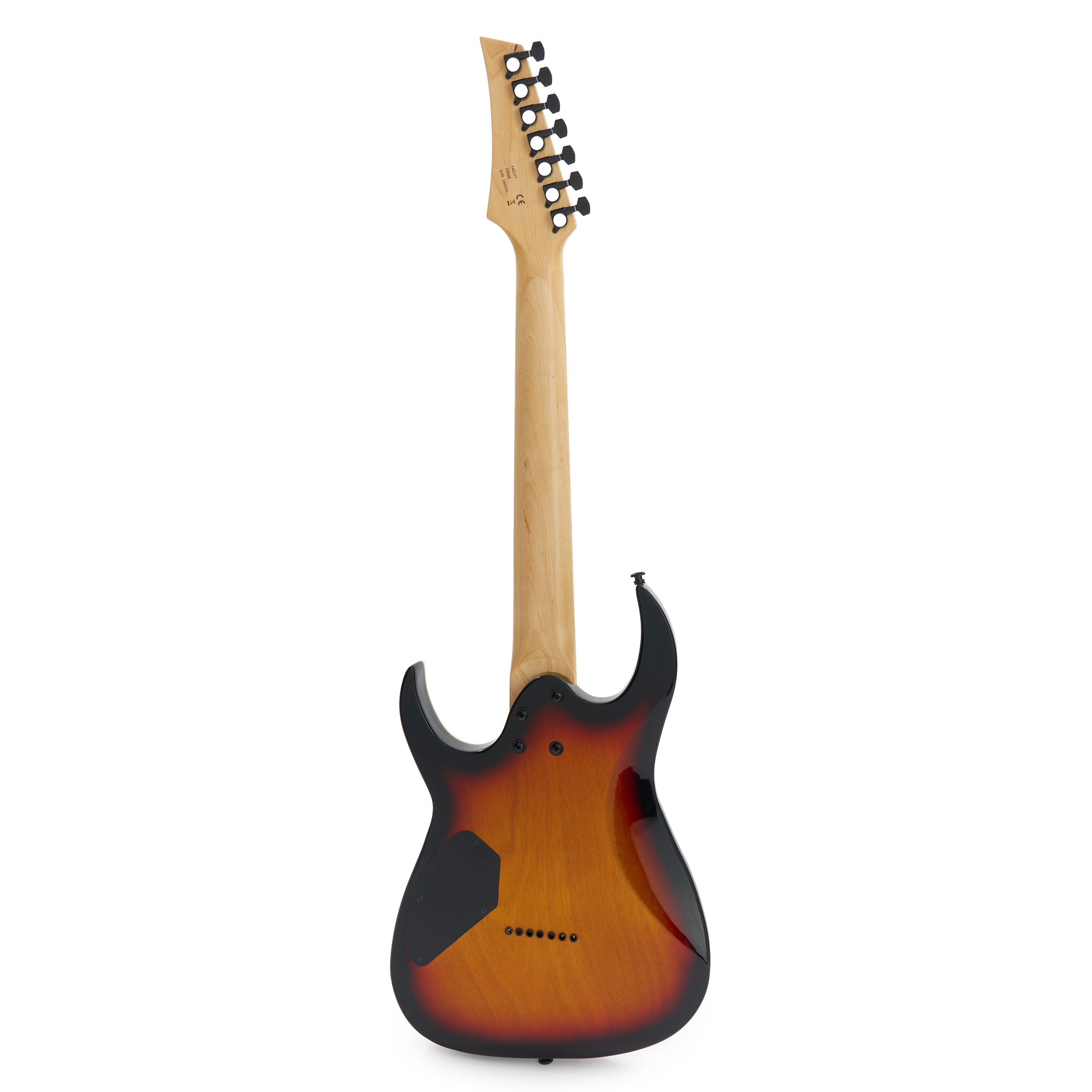 Achterkant van een elektrische gitaar met sunburst afwerking, lichte hals, zwarte stemknoppen.