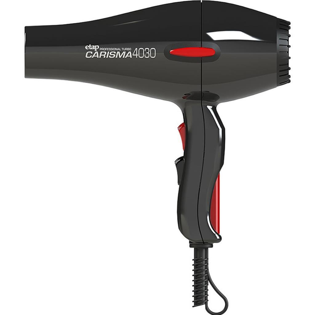 Kırmızı vurgulu siyah saç kurutma makinesi, Carisma 4030 modeli.