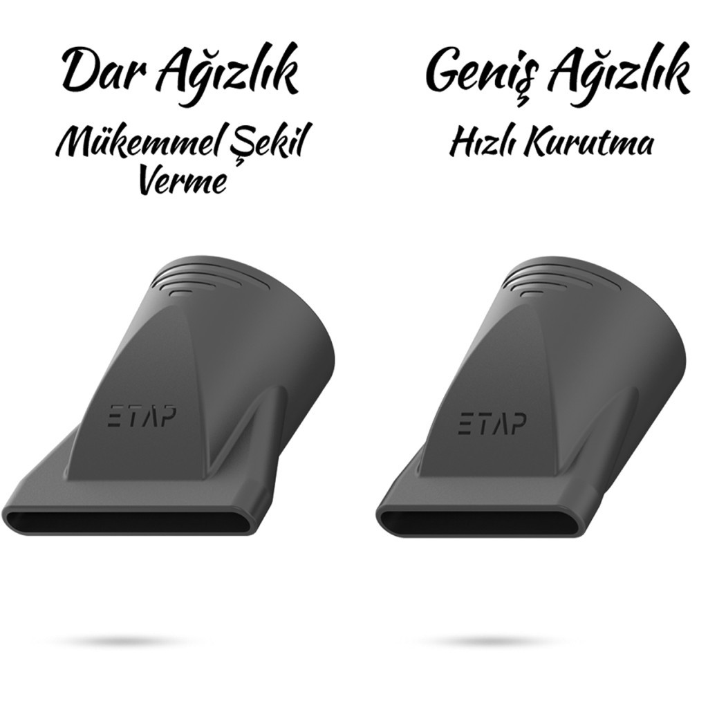 ETAP logolu iki gri saç kurutma makinesi başlığı, biri dar diğeri geniştir.