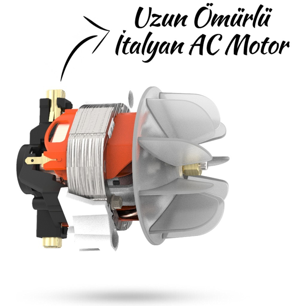 Turuncu çekirdekli ve fanlı İtalyan AC motorunun ayrıntılı görünümü.