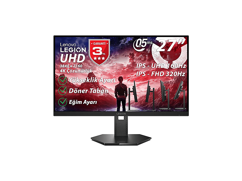 LENOVO 67D1GAC1TK Legion 27U-10 UHD:160Hz FHD:320Hz 3840x2160 Pivot IPS Panel WLED 27 inç 4K UHD 0,5 ms Gaming Monitör Siyah