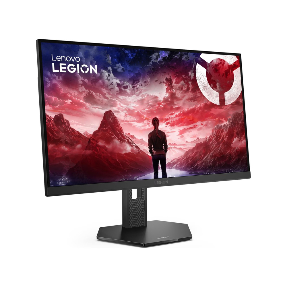 Bir Lenovo Legion monitör, kırmızı gökyüzüyle dramatik bir dağ manzarasına bakan bir kişiyi gösteriyor.