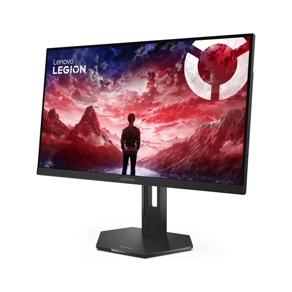 Lenovo Legion monitör, üzerinde bir logo bulunan kırmızı, kayalık manzaraya bakan bir kişiyi gösteriyor.