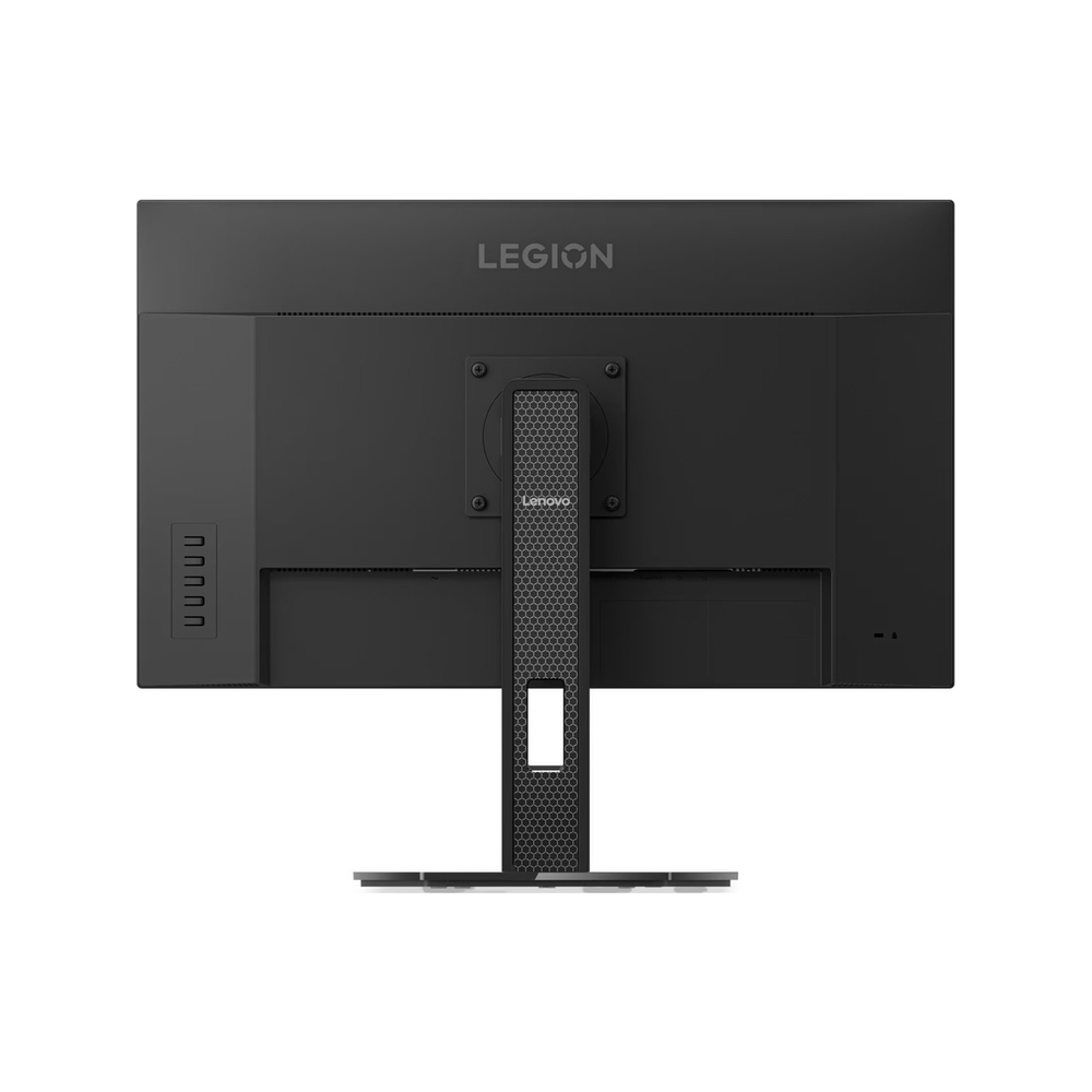 Gümüş standı ve portları olan siyah Lenovo Legion monitörün arkası.