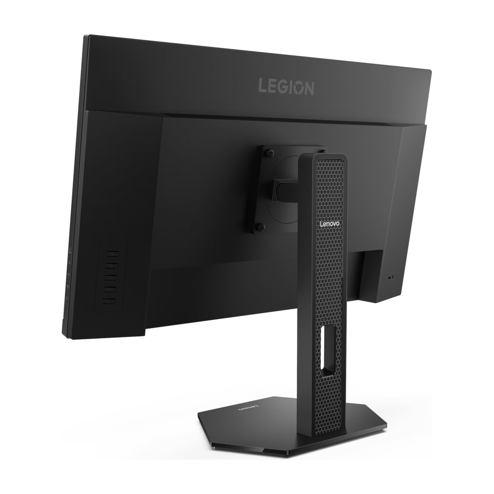 Lenovo markalı 'Legion' logolu siyah monitörün arka görünümü.
