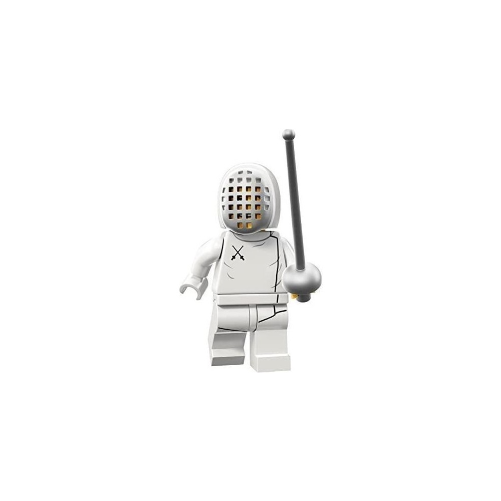 Maskeli ve kılıçlı beyaz Lego eskrimci, düelloya hazır.