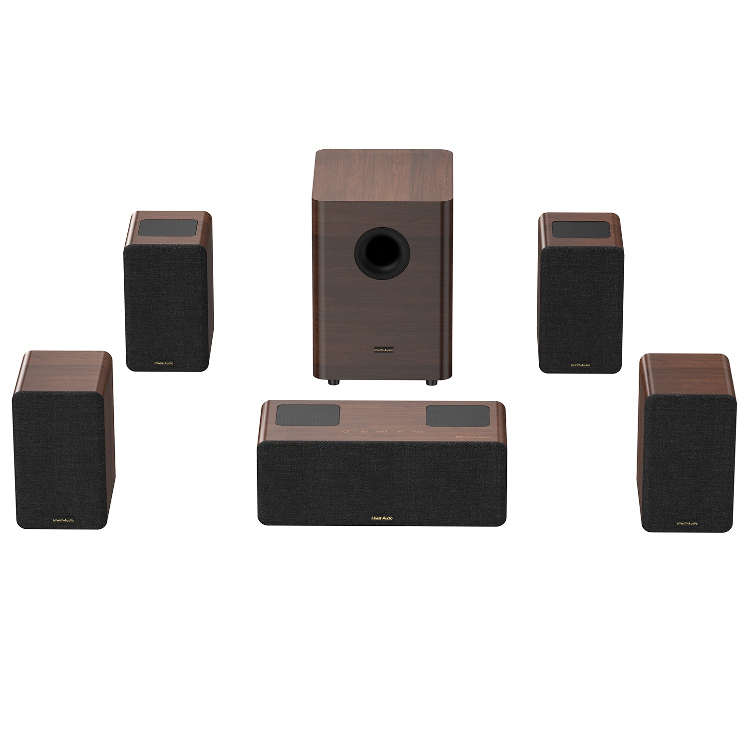 Un set de altavoces 5.1 con acabado de madera, con subwoofer y cuatro altavoces satélite.