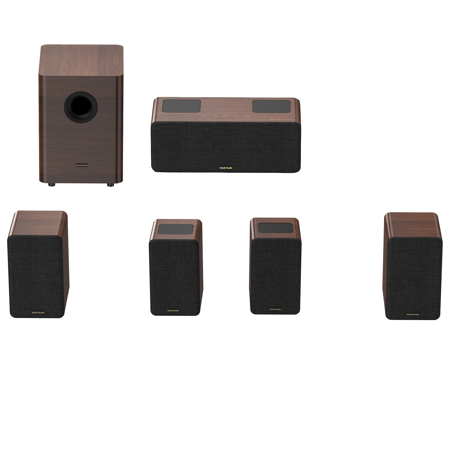 Tres altavoces de madera marrón, un subwoofer y un altavoz central.