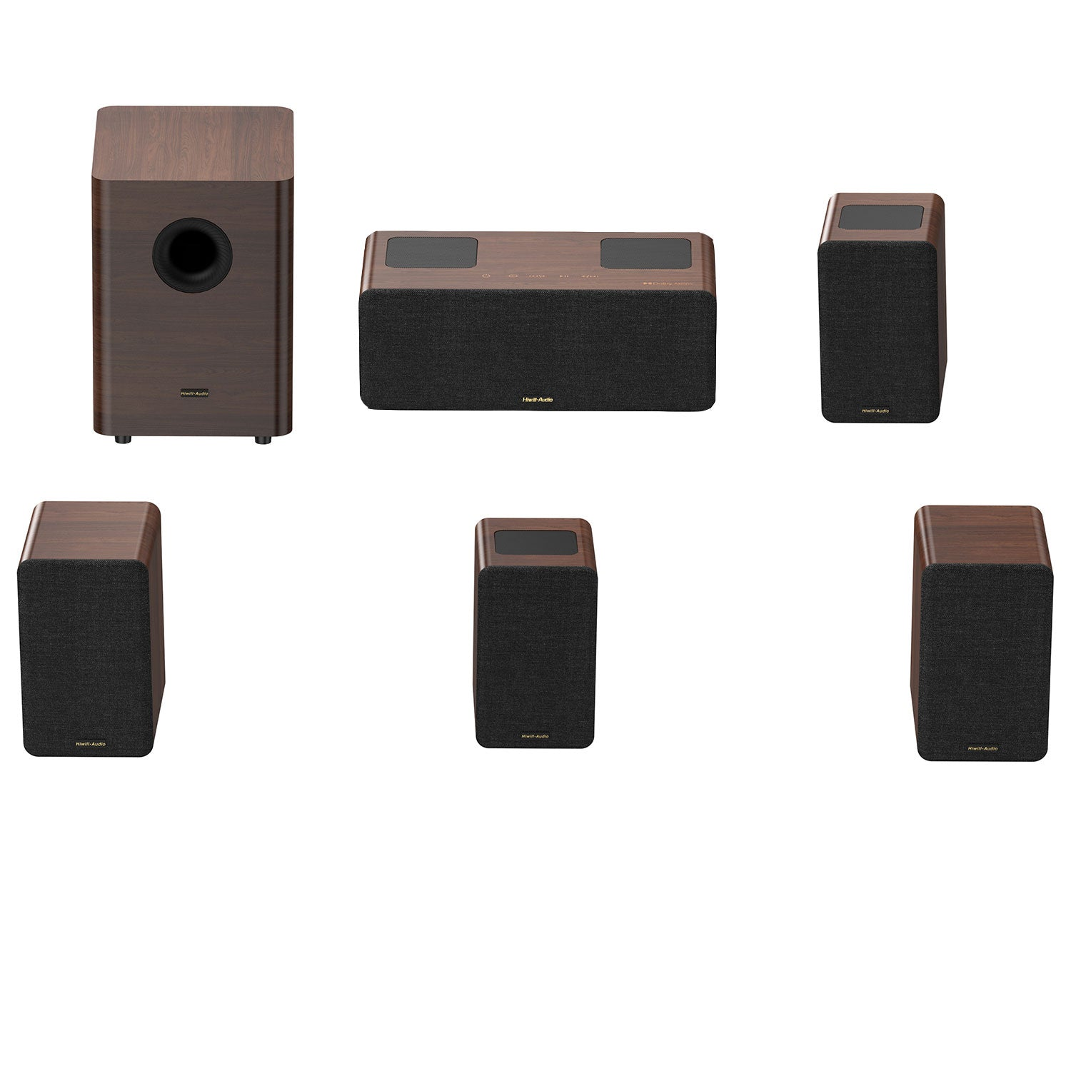 Cinco altavoces de acabado madera sobre blanco: un subwoofer, un altavoz central y tres altavoces satélite.