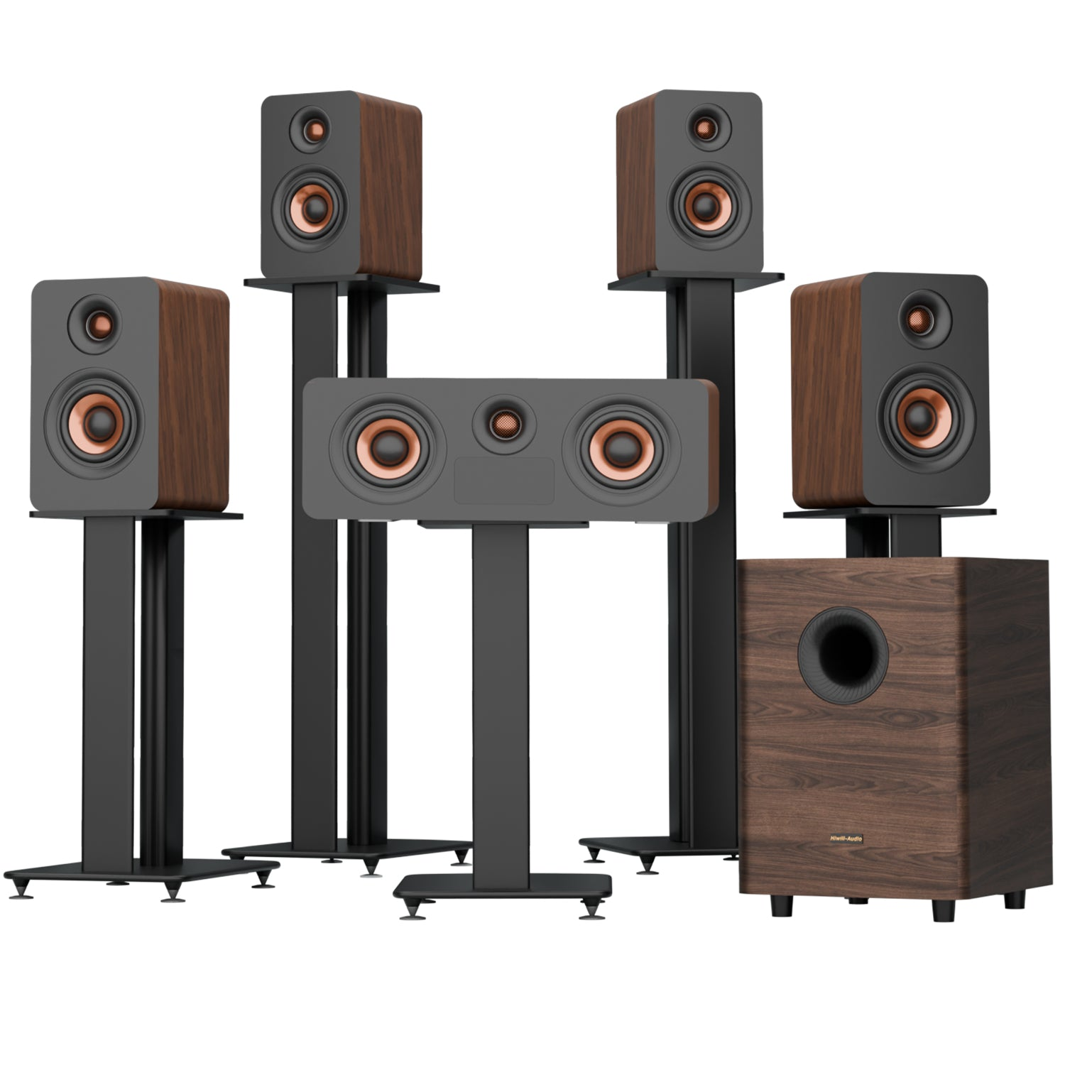 Altavoces de madera con soportes negros y un subwoofer.