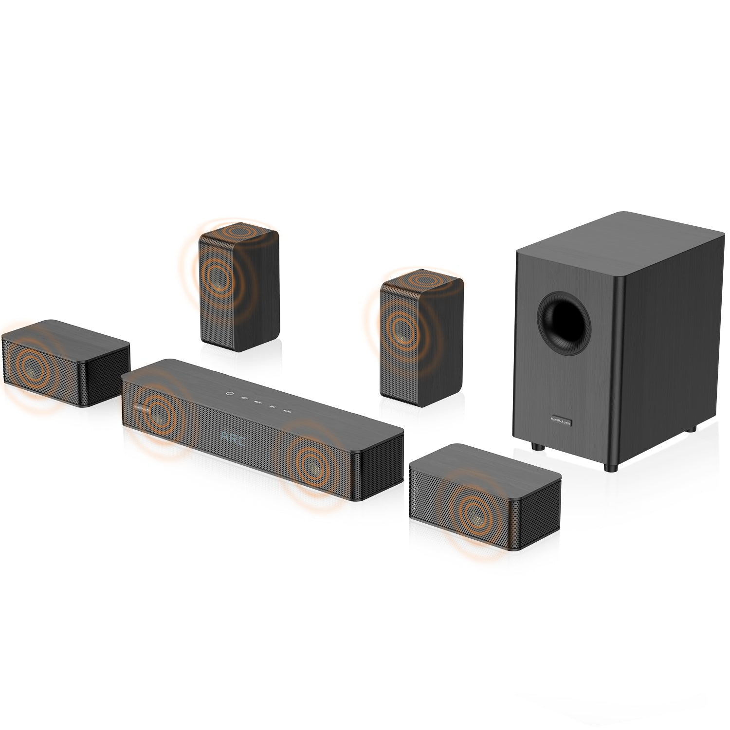 Sistema de sonido 5.1 negro con subwoofer y cuatro altavoces. Ondas naranjas indican sonido.