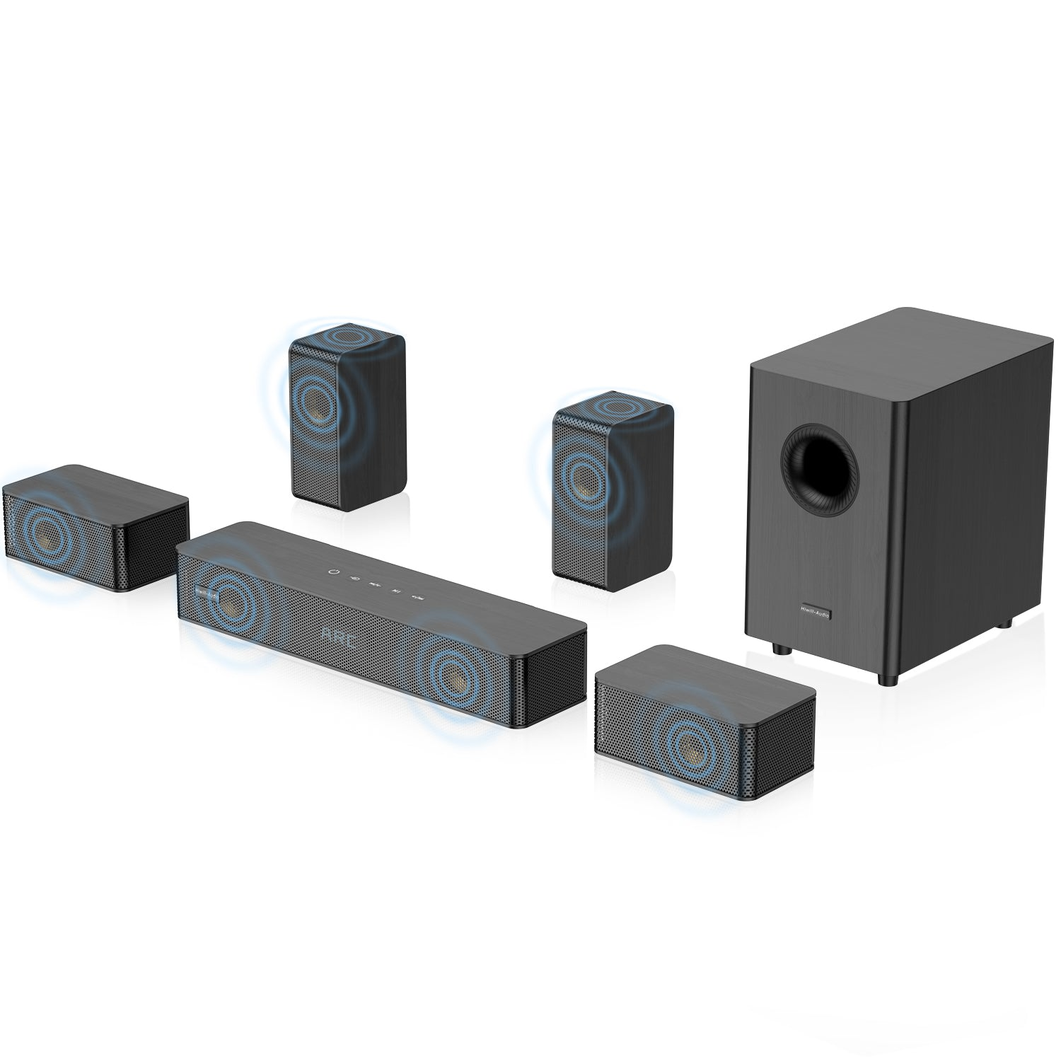 Un subwoofer negro, barra de sonido y cuatro altavoces satélite sobre fondo blanco.