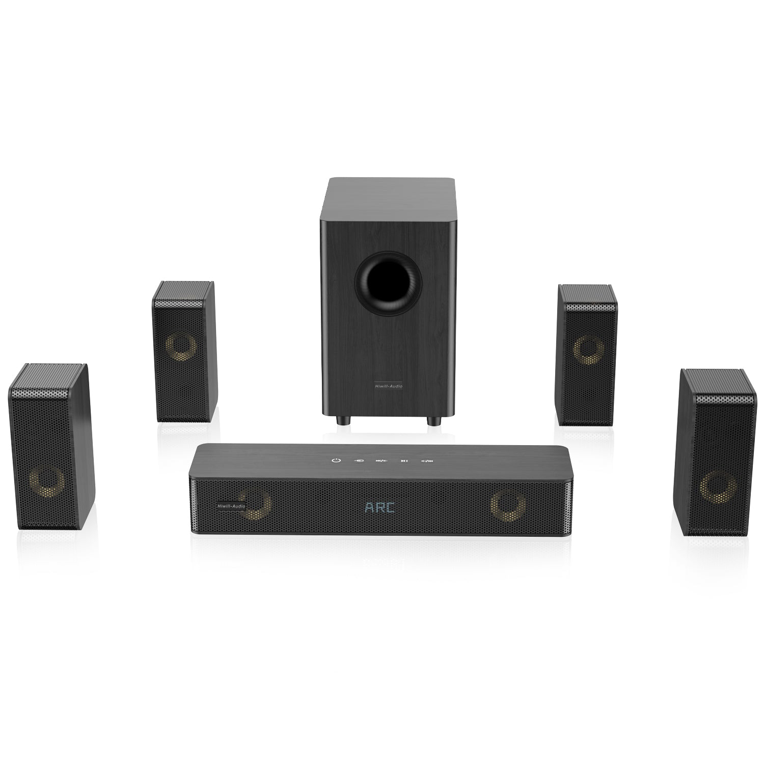 Sistema de sonido envolvente 5.1 negro con subwoofer, barra de sonido y cuatro altavoces satélite.