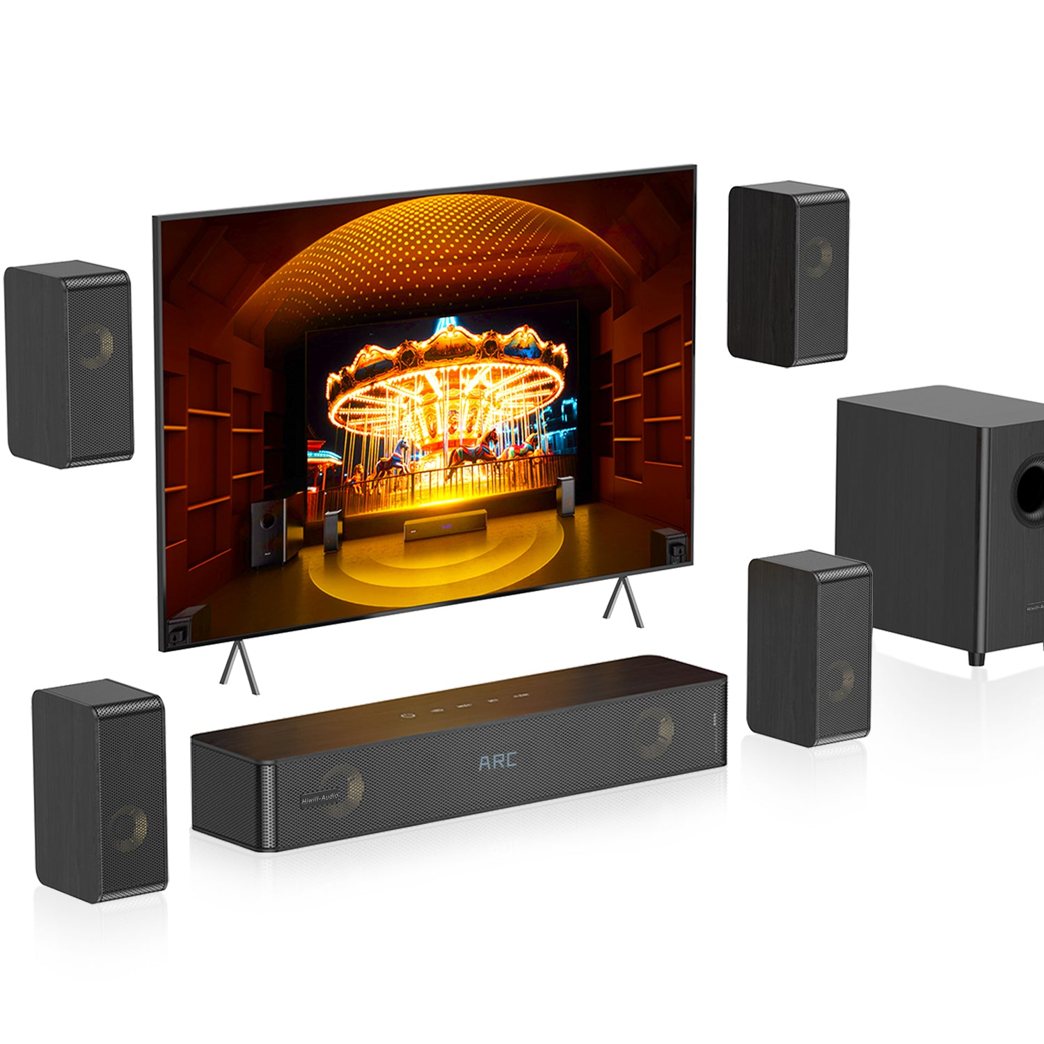 Una moderna configuración de cine en casa con TV grande, barra de sonido, subwoofer y altavoces.