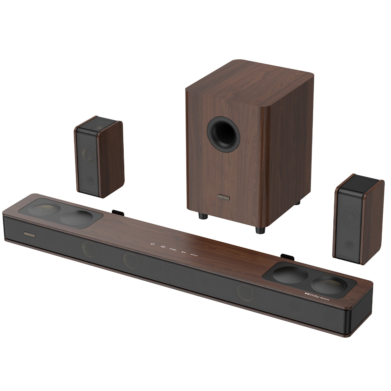 Holz-Soundbar mit zwei kleinen Lautsprechern und einem Subwoofer auf weißem Grund.