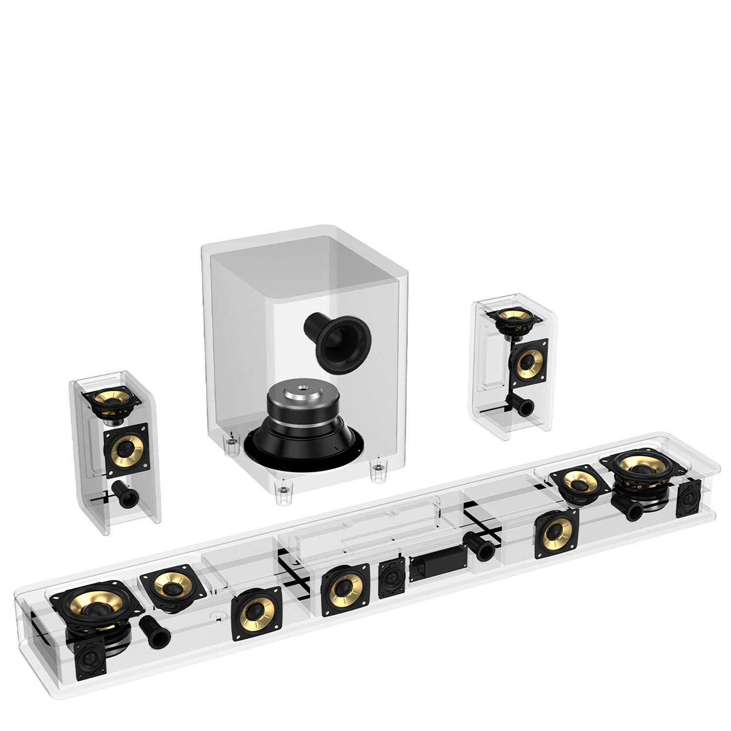 Ein transparentes Lautsprechersystem mit Subwoofer und zwei Satellitenlautsprechern.