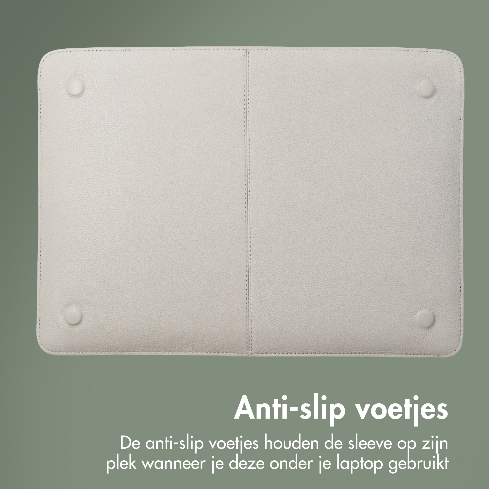 Graue Laptoptasche mit vier rutschfesten Füßen und Nähten.