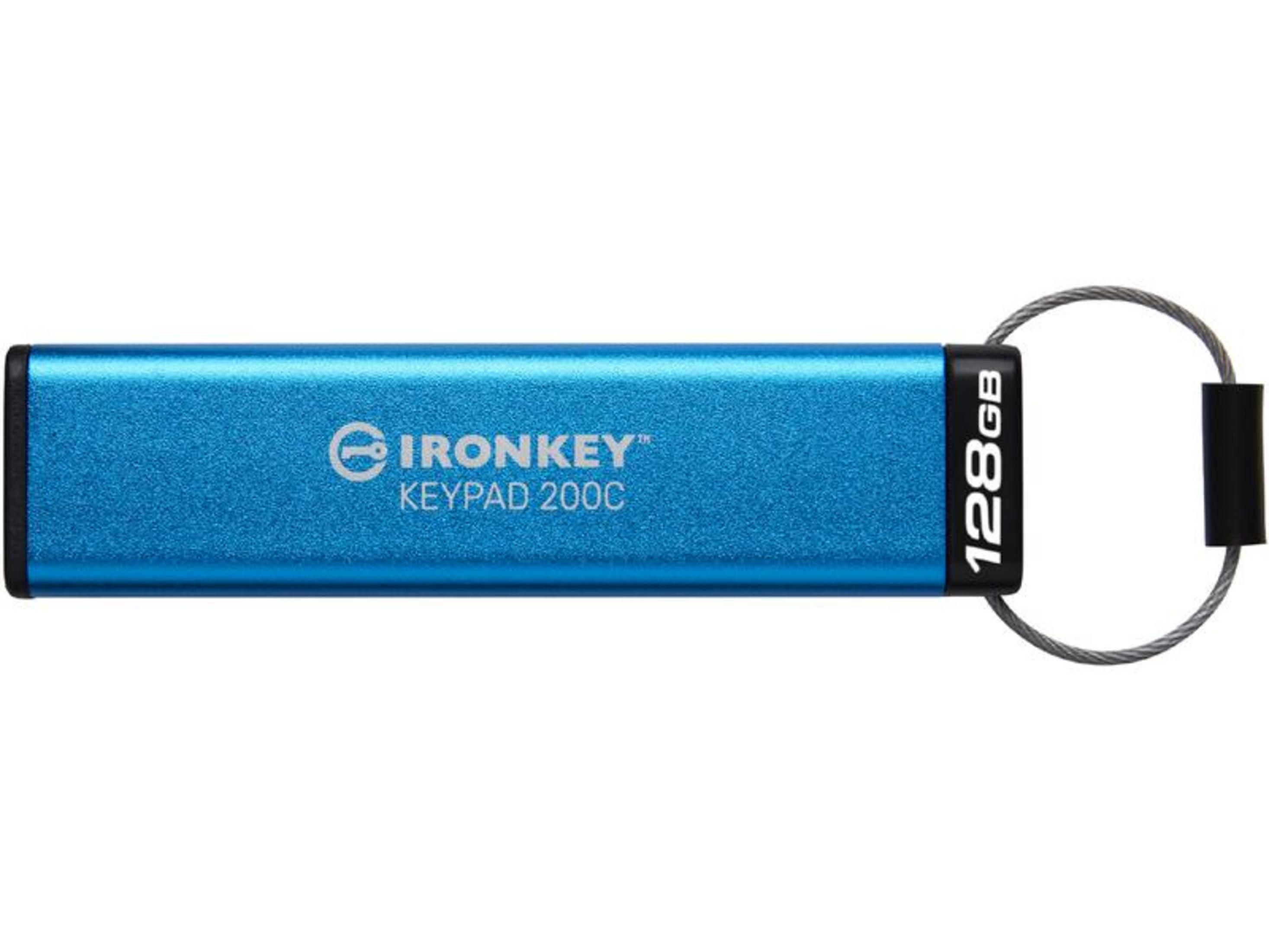 Ein blauer USB-Stick mit 128 GB und einem Schlüsselbund-Kabel.