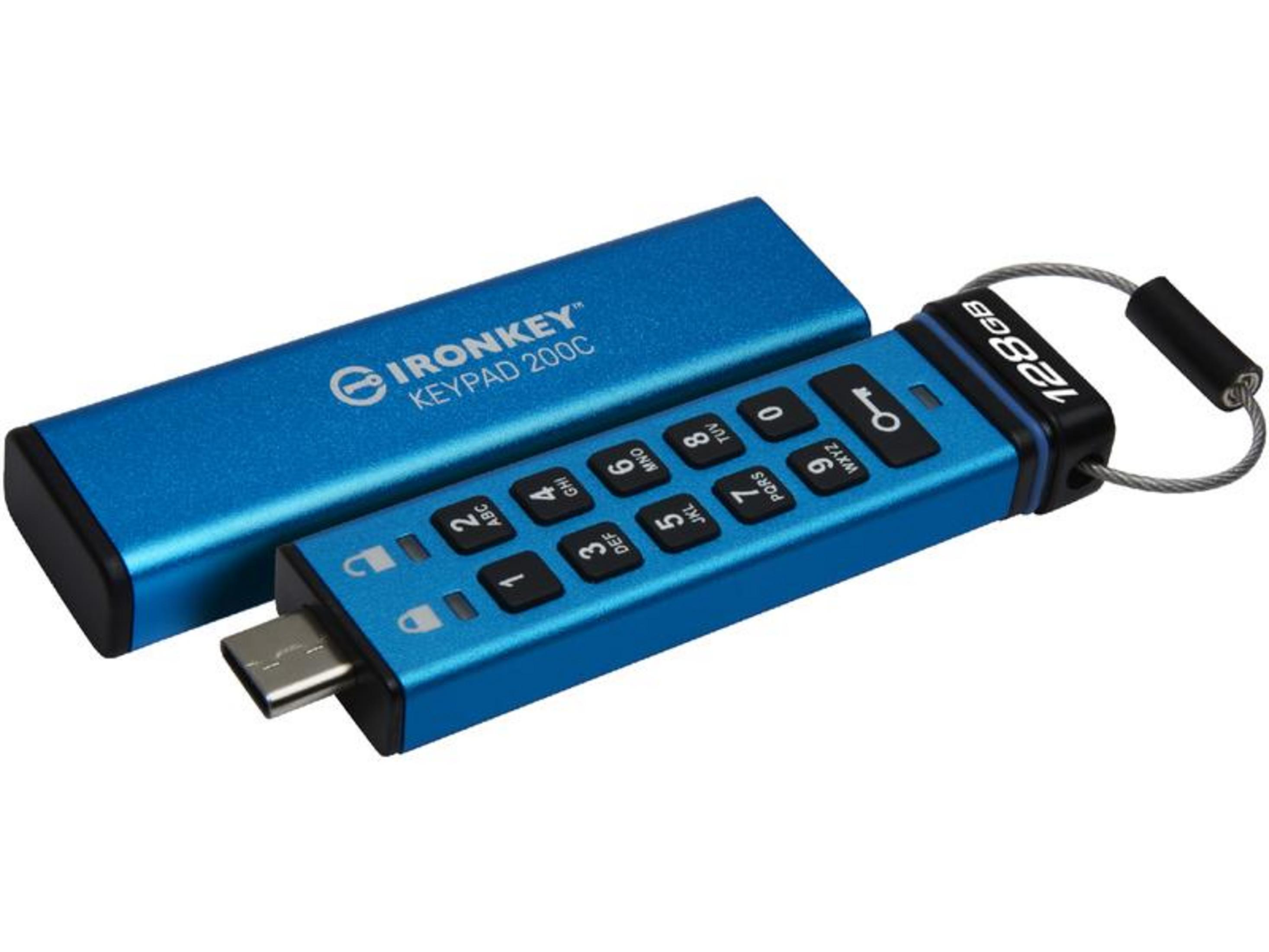 Ein blauer USB-Stick mit Tastatur und 128 GB Speicher.