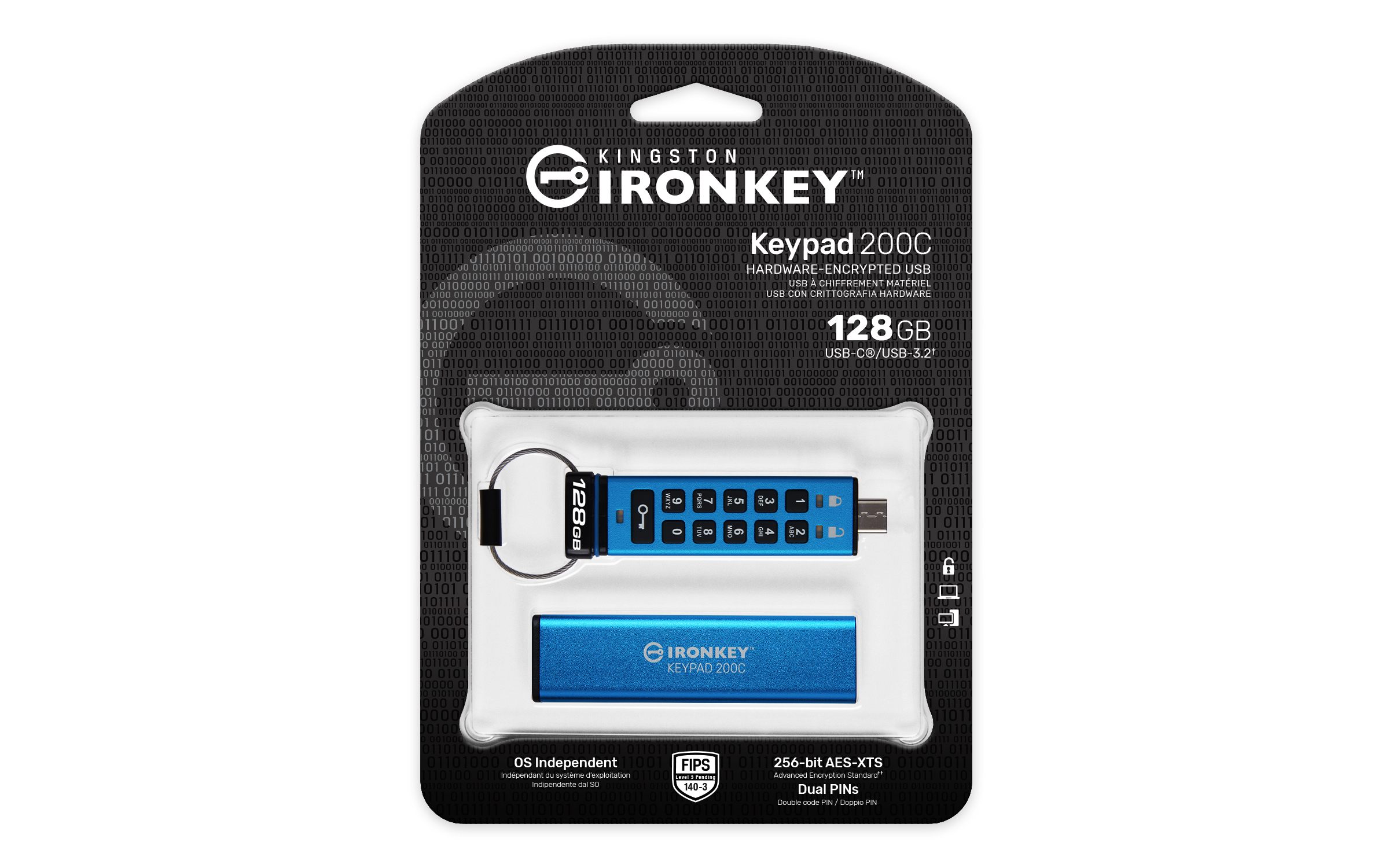 Verpackung eines blauen Kingston IronKey 200C USB-Sticks mit Tastatur.