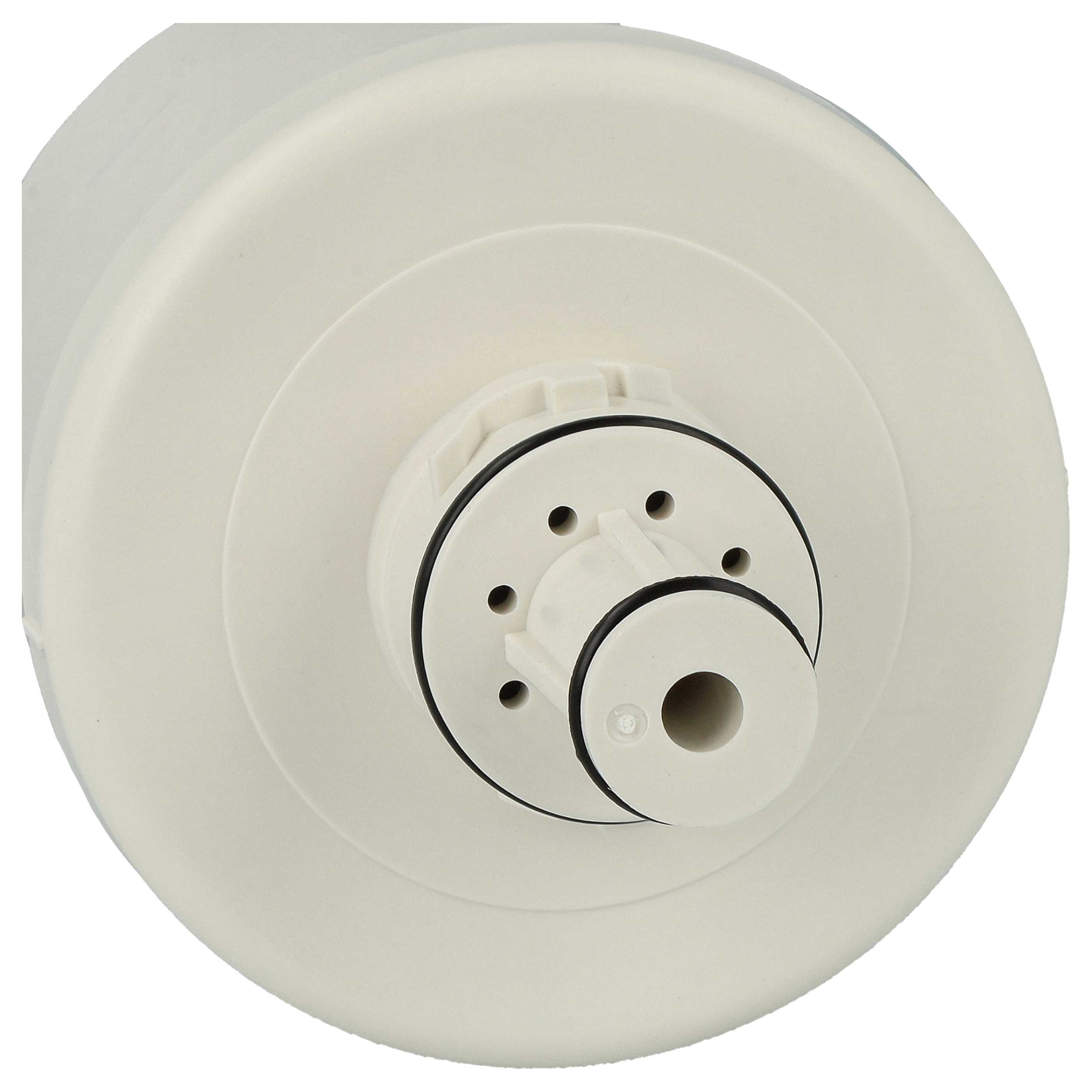 Nahaufnahme eines weißen Wasserfilters mit schwarzem Ring und Lufteinlass.