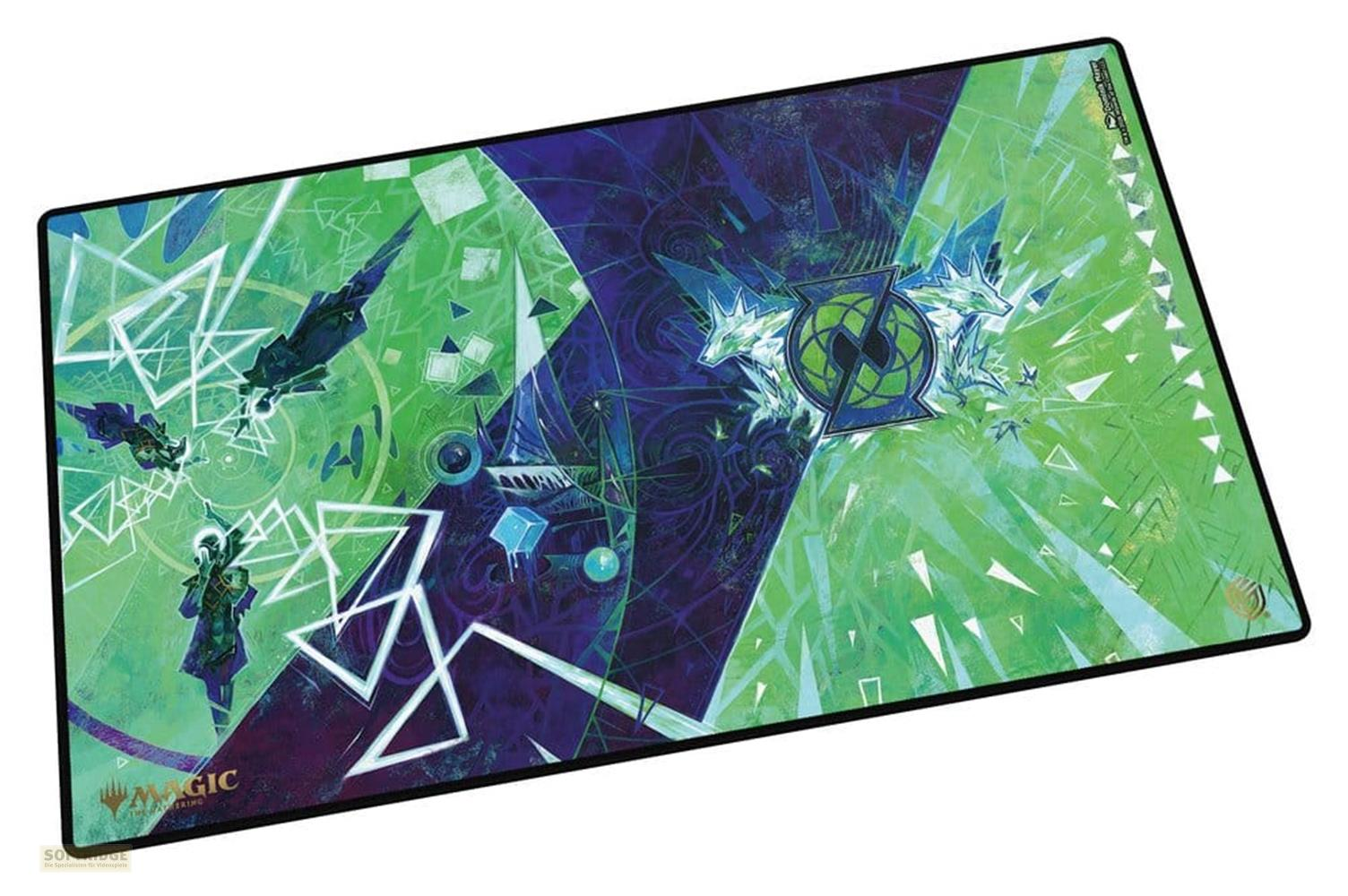 Art abstrait aux tons verts et bleus, avec des dragons et un logo Magic.